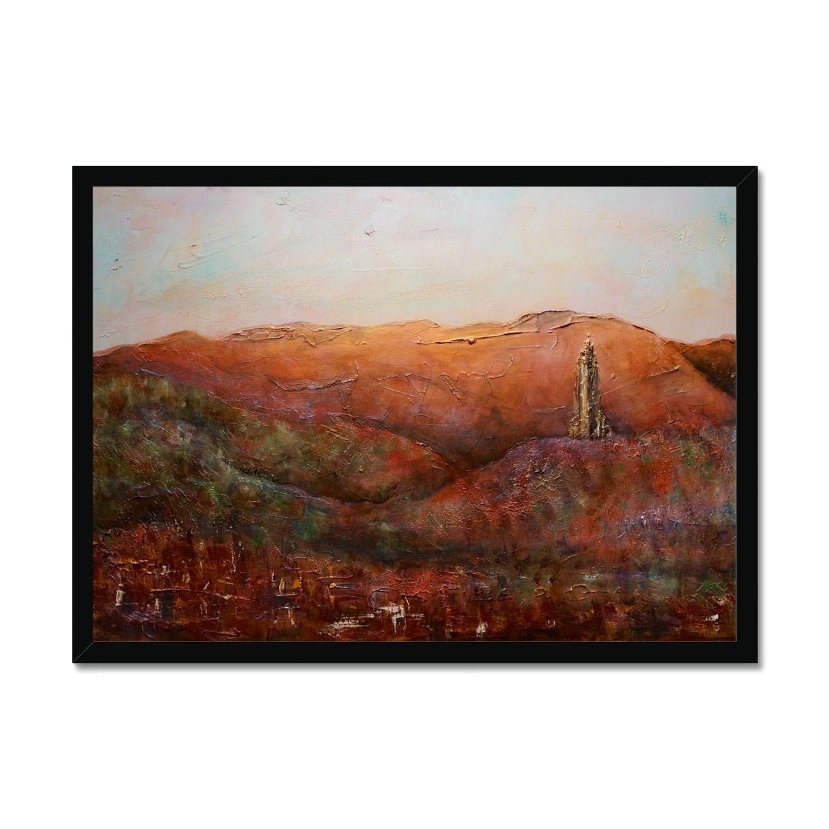 The Wallace Monument Painting | Framed Prints From Scotland-Framed Prints-Historic & Iconic Scotland Art Gallery-A2 Landscape-Black Frame-Paintings, Prints, Homeware, Art Gifts From Scotland By Scottish Artist Kevin Hunter