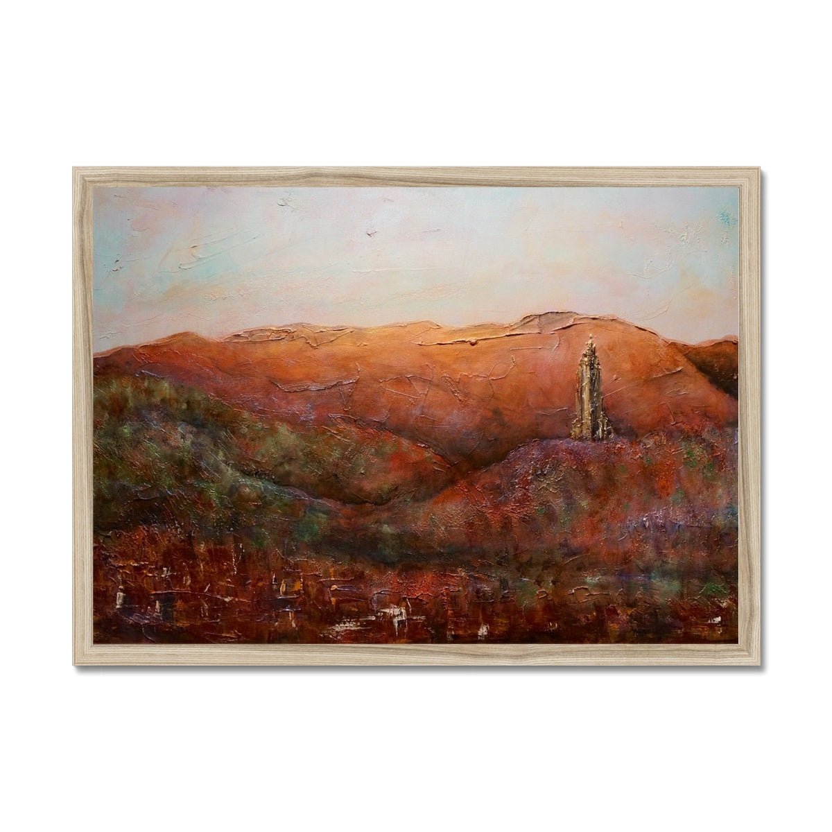 The Wallace Monument Painting | Framed Prints From Scotland-Framed Prints-Historic & Iconic Scotland Art Gallery-A2 Landscape-Natural Frame-Paintings, Prints, Homeware, Art Gifts From Scotland By Scottish Artist Kevin Hunter