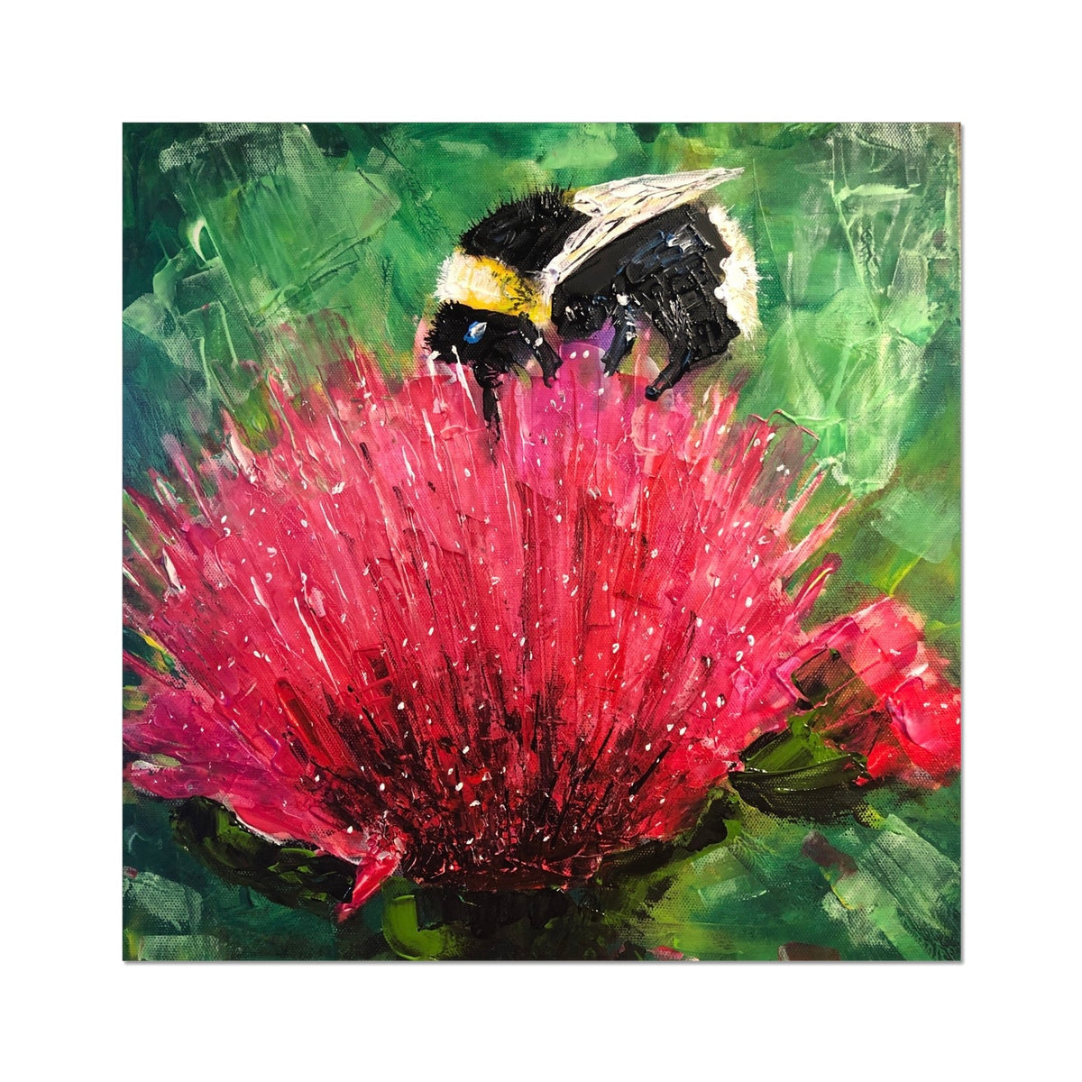 Red fluffy thistle flower with bumblebee in The Thistle & The Bee print