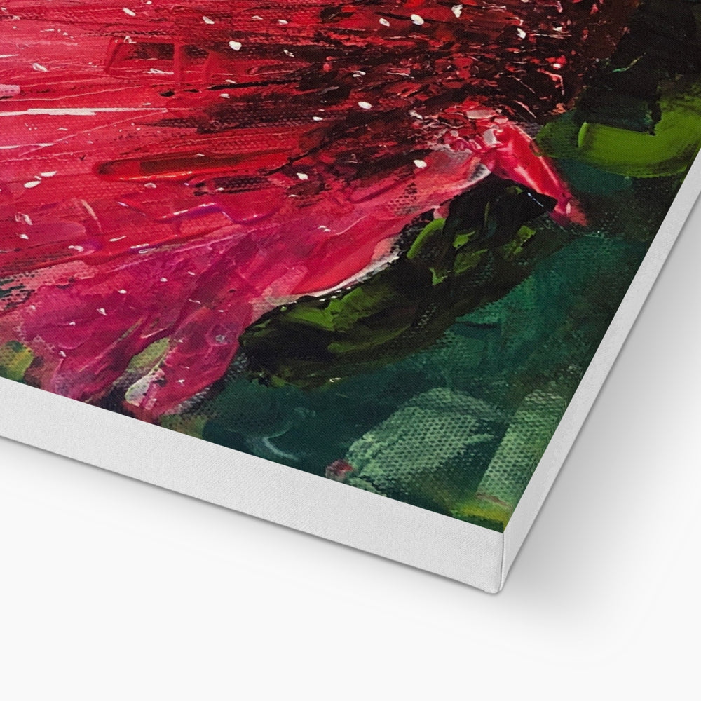 Red floral canvas print with black accents on green background