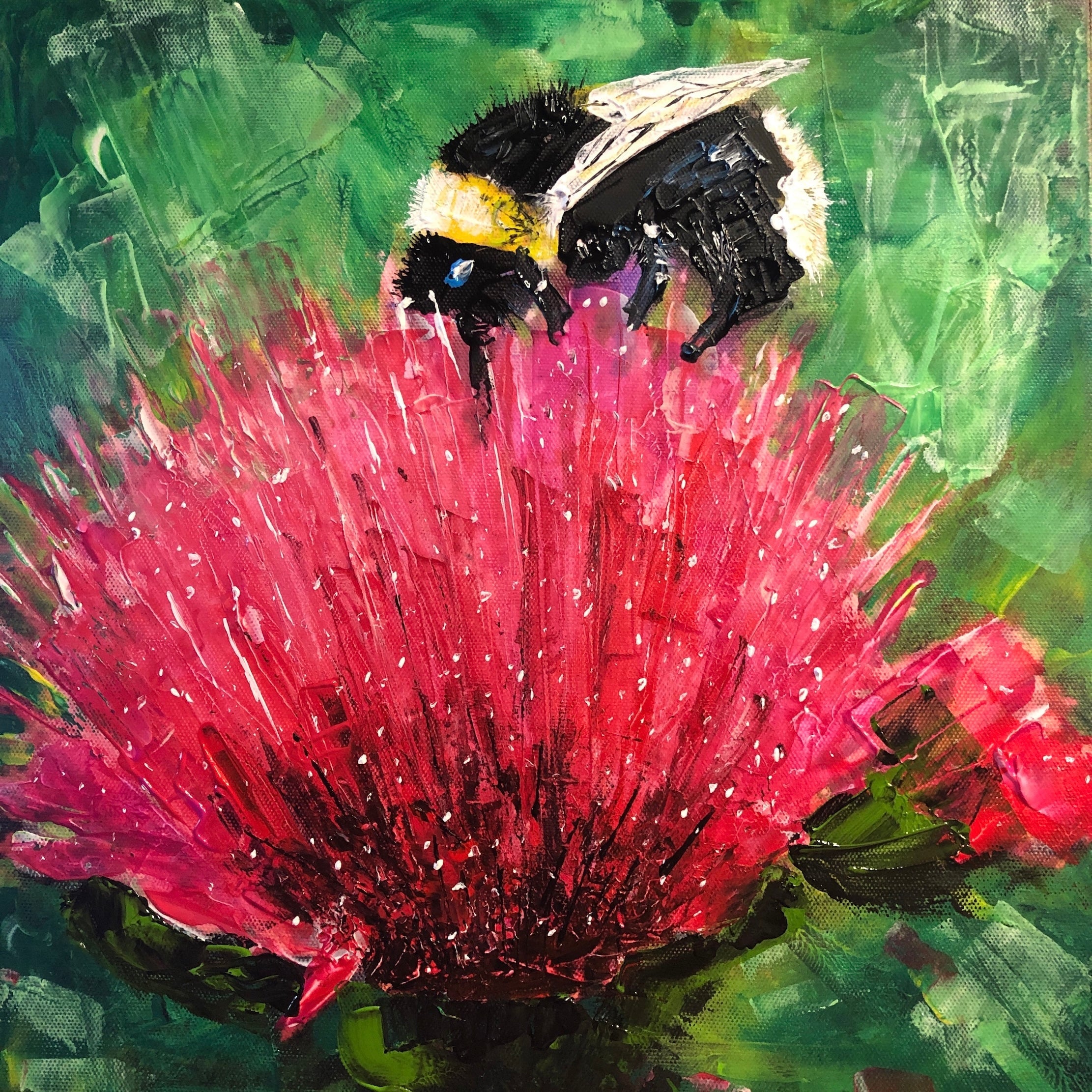 Vibrant painting of a bumblebee on a bright pink flower in The Thistle & The Bee Scotland In Your Pocket
