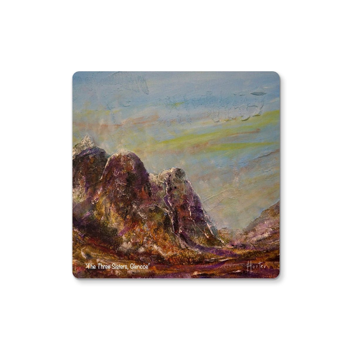 Three Sisters Glencoe Art Gifts Coaster-Coasters-Glencoe Art Gallery-4 Coasters-Paintings, Prints, Homeware, Art Gifts From Scotland By Scottish Artist Kevin Hunter