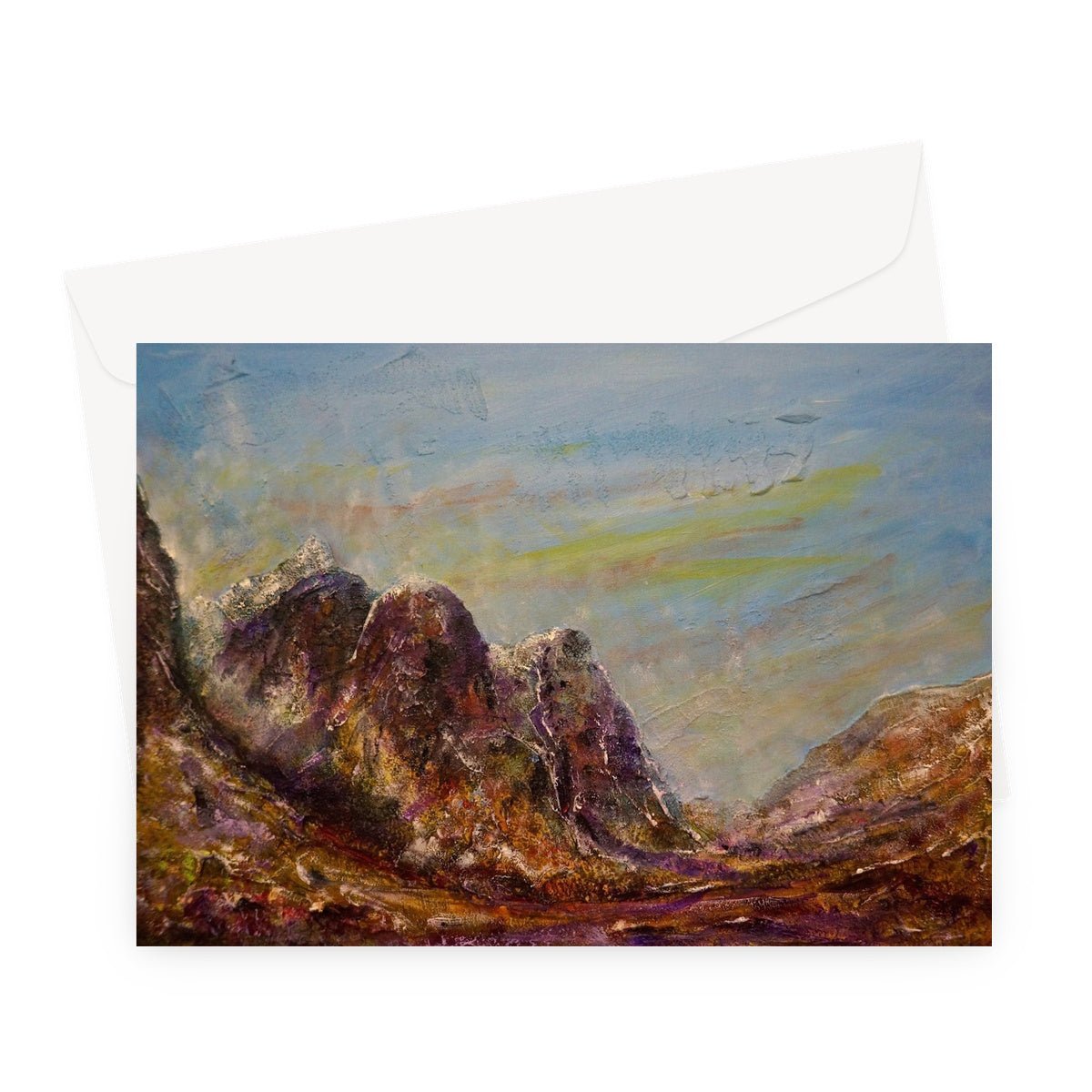 Three Sisters Glencoe Art Gifts Greeting Card-Greetings Cards-Glencoe Art Gallery-A5 Landscape-10 Cards-Paintings, Prints, Homeware, Art Gifts From Scotland By Scottish Artist Kevin Hunter