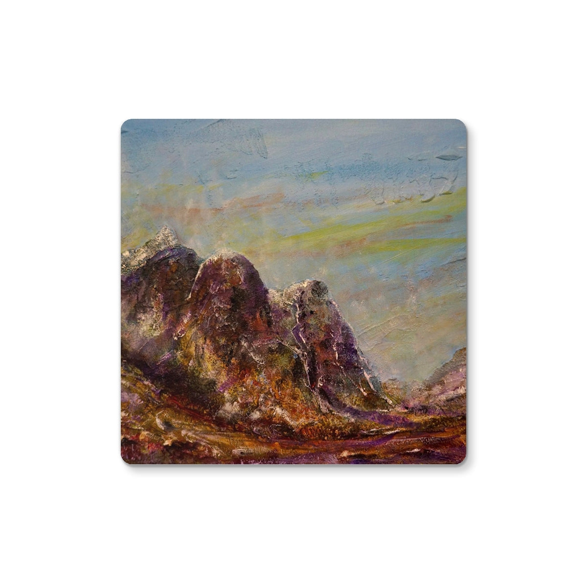 Three Sisters Glencoe square ceramic coaster with mountain landscape in blue and brown hues