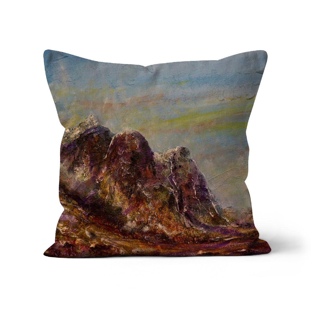 18x18 inch Three Sisters Glencoe Cushion with mountain landscape in earthy tones