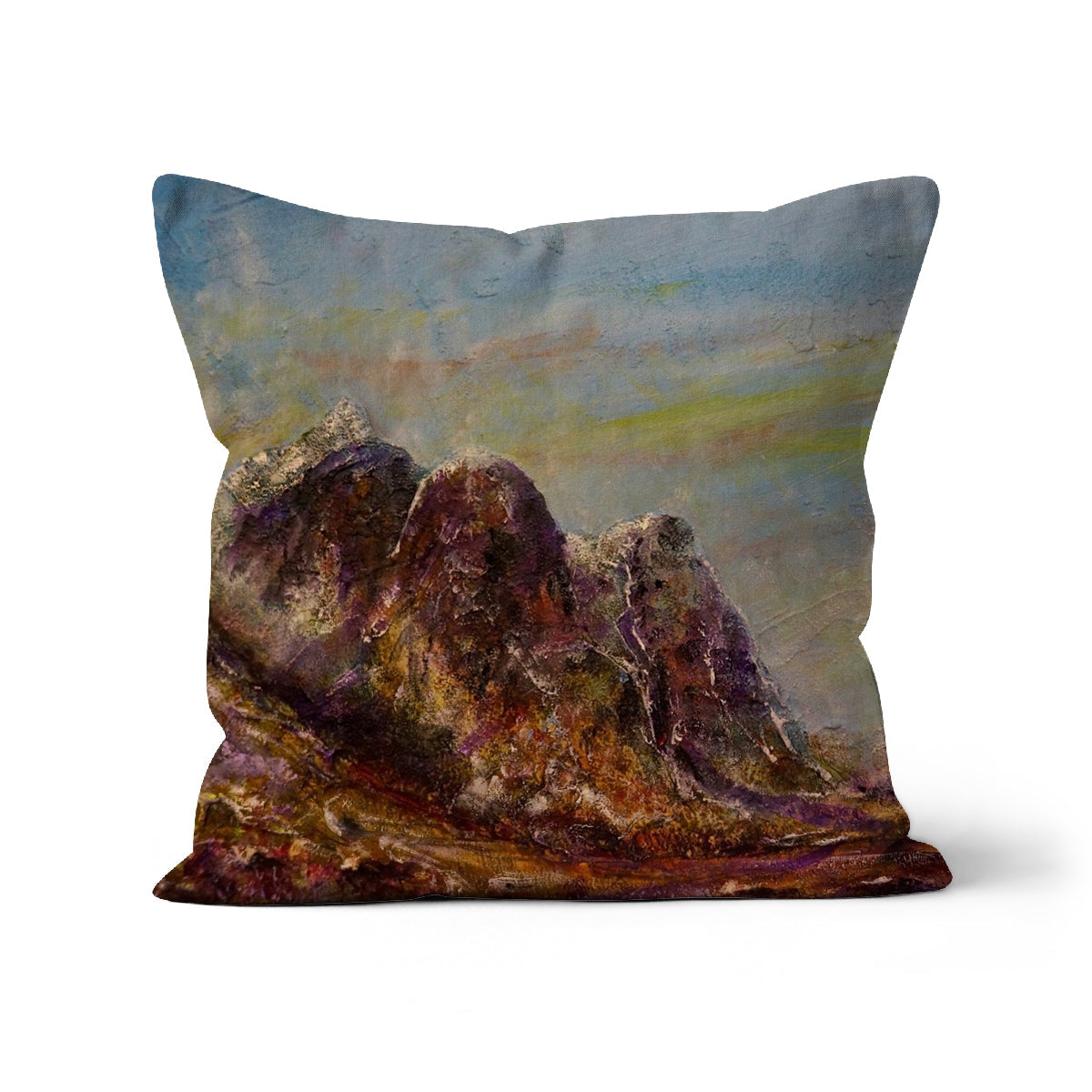 Three Sisters Glencoe cushion with blue-brown mountain landscape design