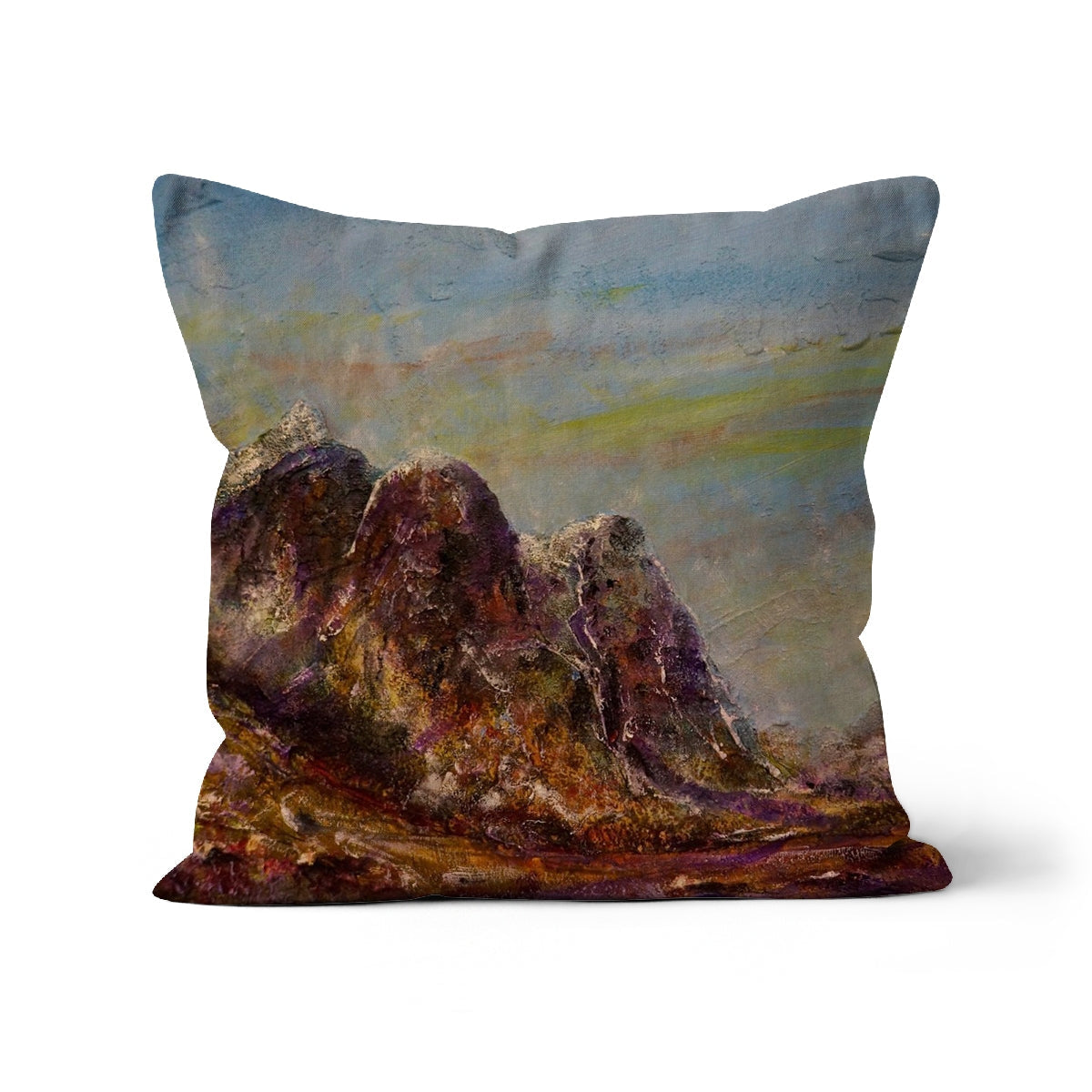 Three Sisters Glencoe cushion with multicolored mountain design