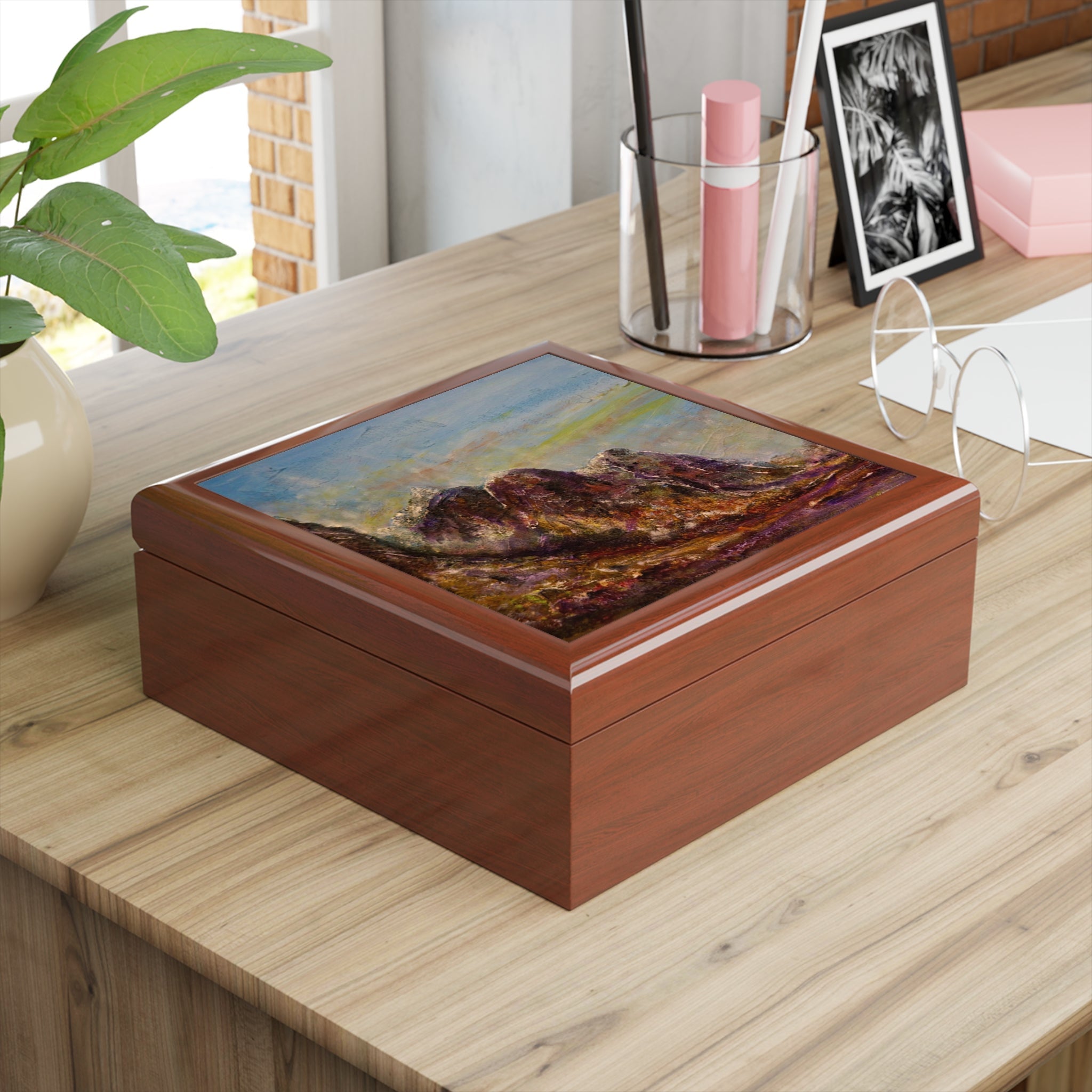 Three Sisters Of Glencoe wooden jewellery box with landscape lid