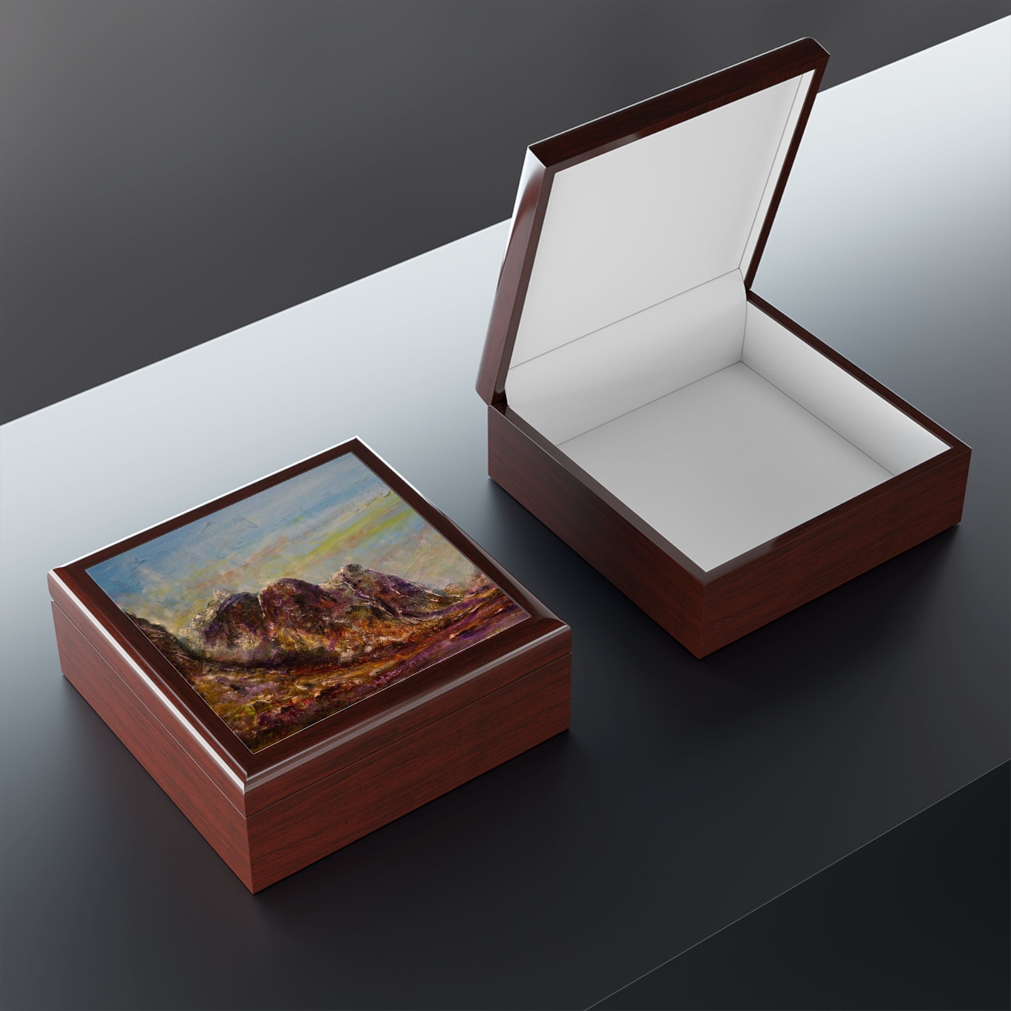 Brown leather Three Sisters Of Glencoe jewellery box with mountain landscape