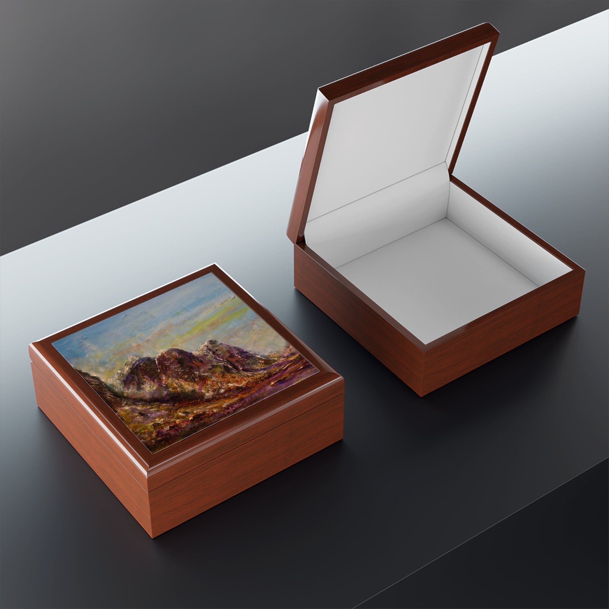 Brown leather Three Sisters Of Glencoe jewellery box with mountain design