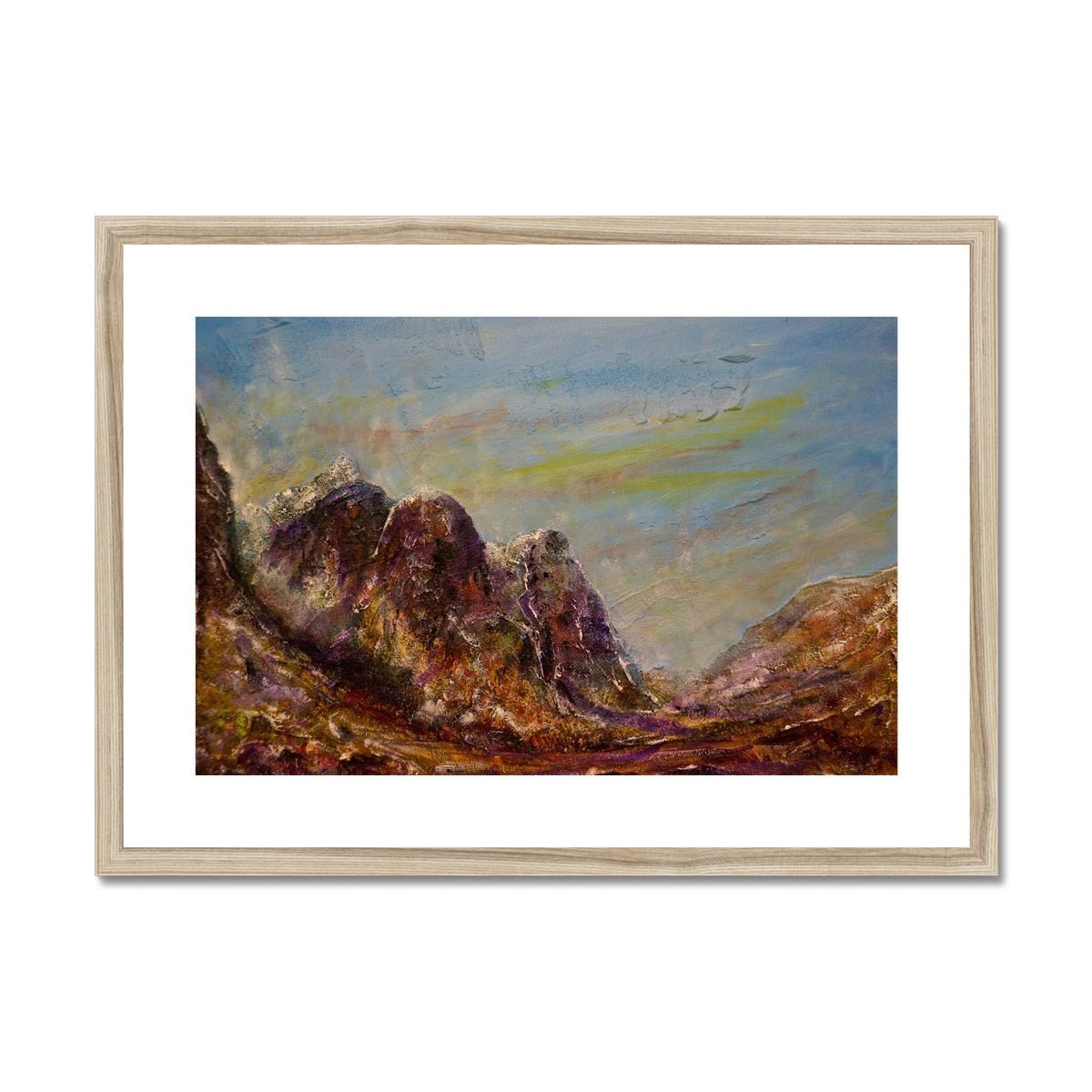 Three Sisters Glencoe Painting | Framed & Mounted Prints From Scotland-Framed & Mounted Prints-Glencoe Art Gallery-A2 Landscape-Natural Frame-Paintings, Prints, Homeware, Art Gifts From Scotland By Scottish Artist Kevin Hunter