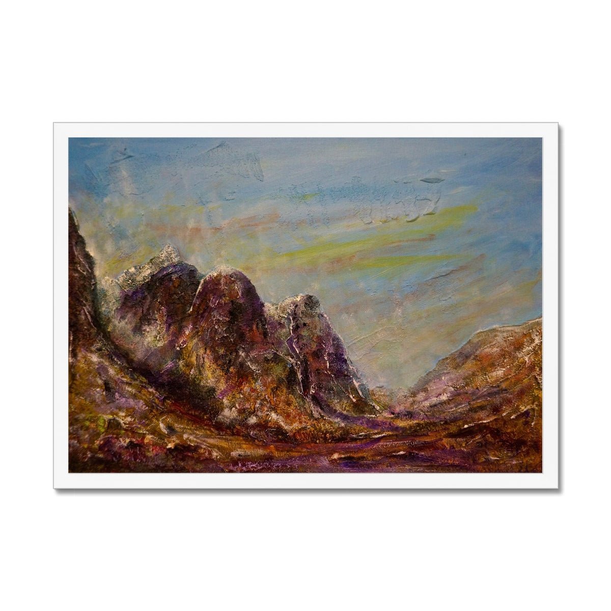 Three Sisters Glencoe Painting | Framed Prints From Scotland-Framed Prints-Glencoe Art Gallery-A2 Landscape-White Frame-Paintings, Prints, Homeware, Art Gifts From Scotland By Scottish Artist Kevin Hunter