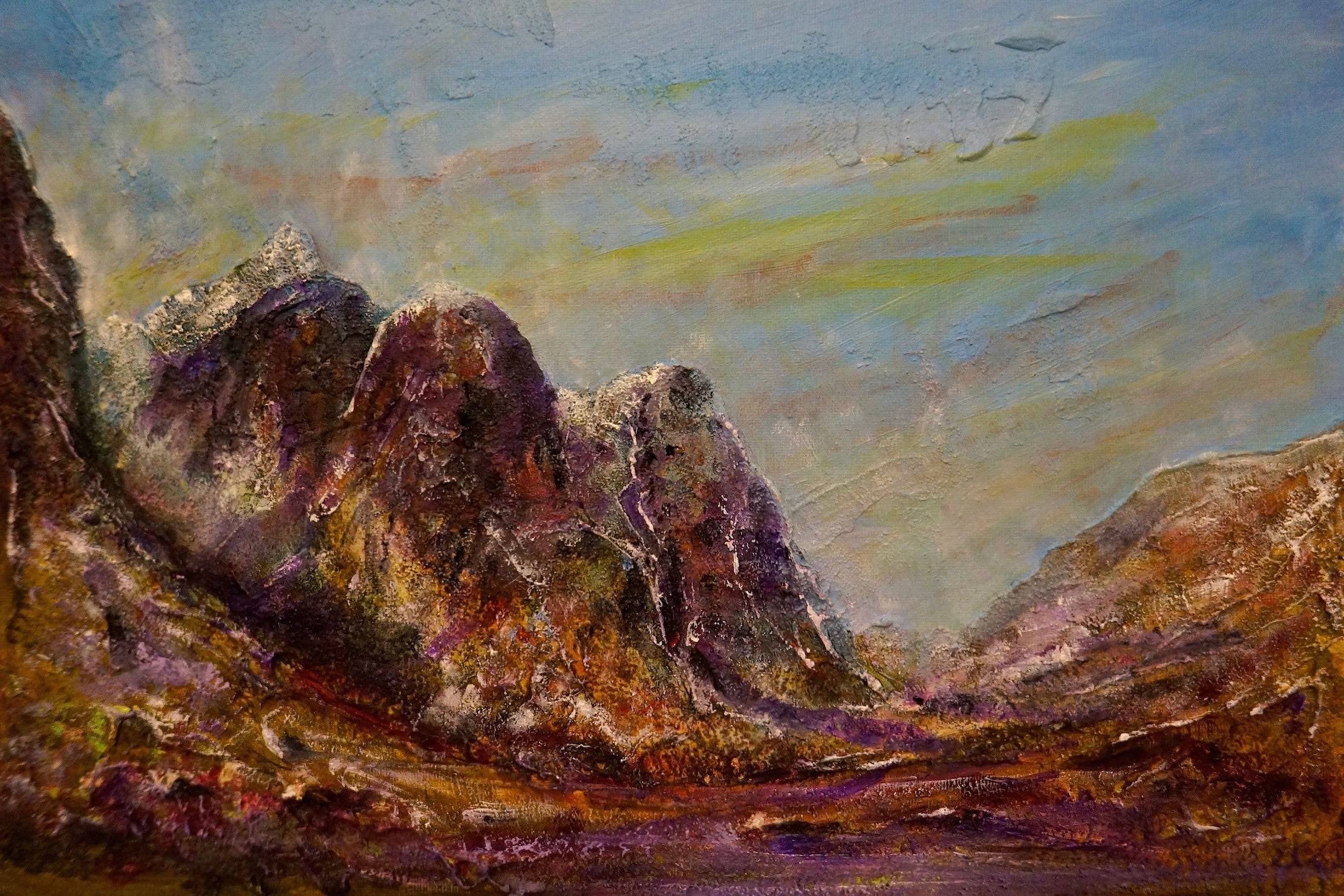 Textured oil painting of Glencoe mountains under a pale blue sky for The Three Sisters Wall Art