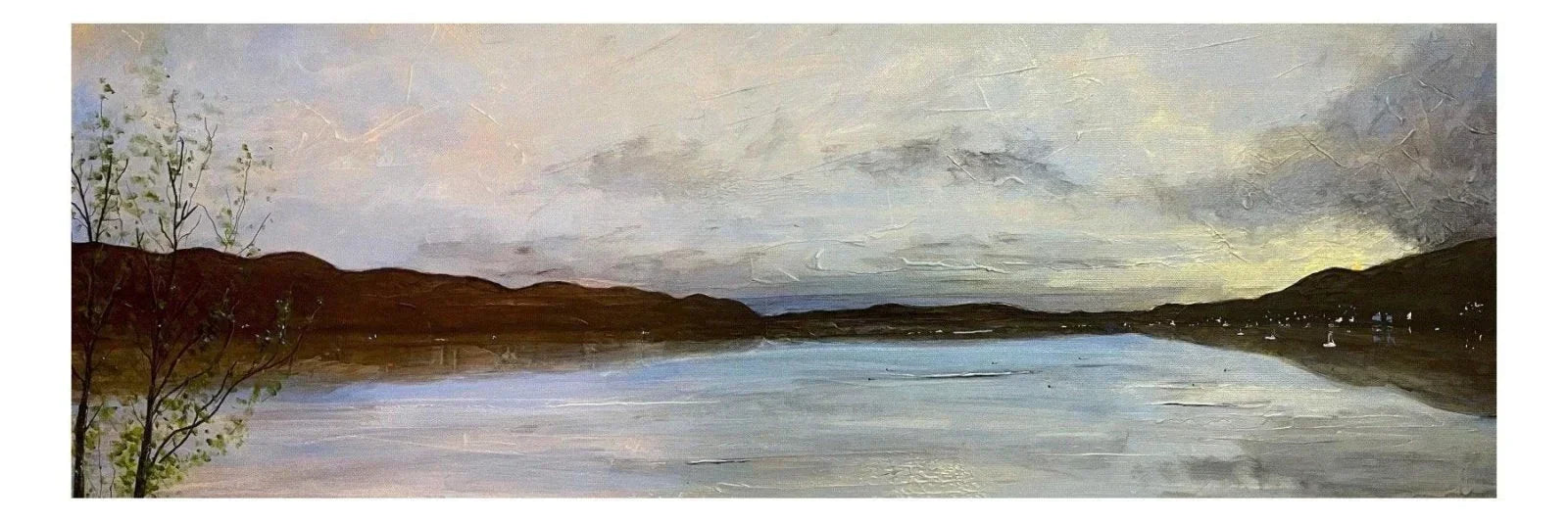 Tighnabruaich panoramic painting of frozen lake, brown hills, trees, muted blue sky