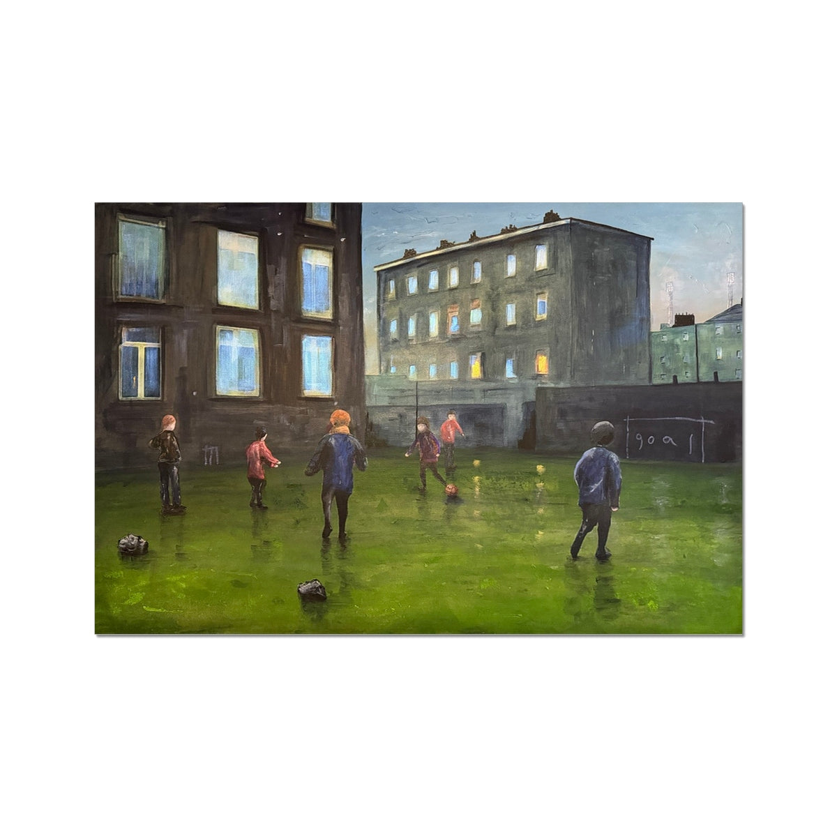 Green grass soccer field with colorful casual players, Time Artist Proof print