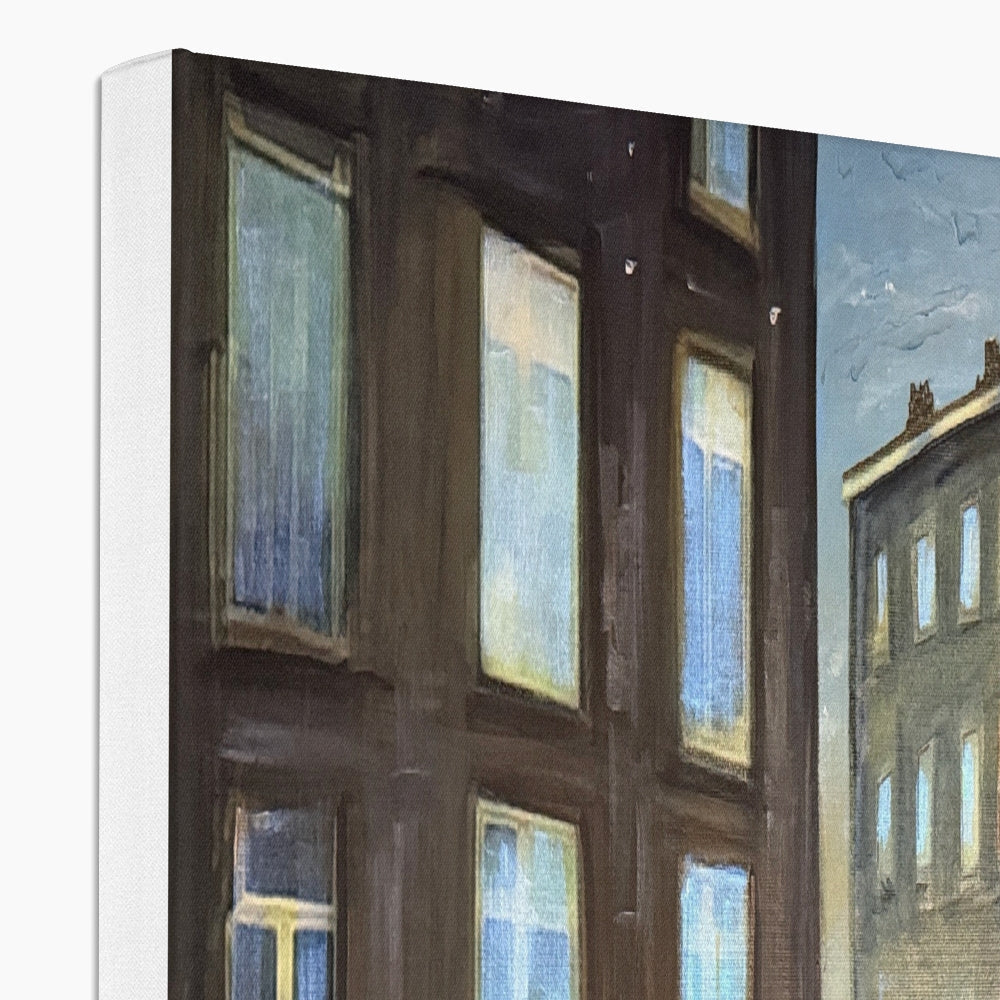 Brown wooden window frame with blue curtains and white trim canvas print