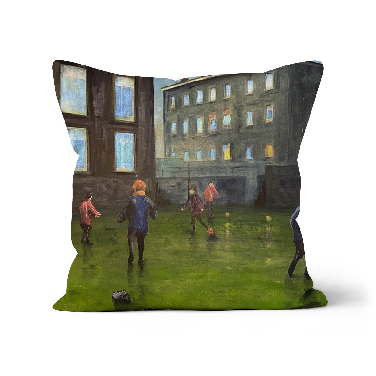 Green Time Cushion with watercolor kids soccer scene and building