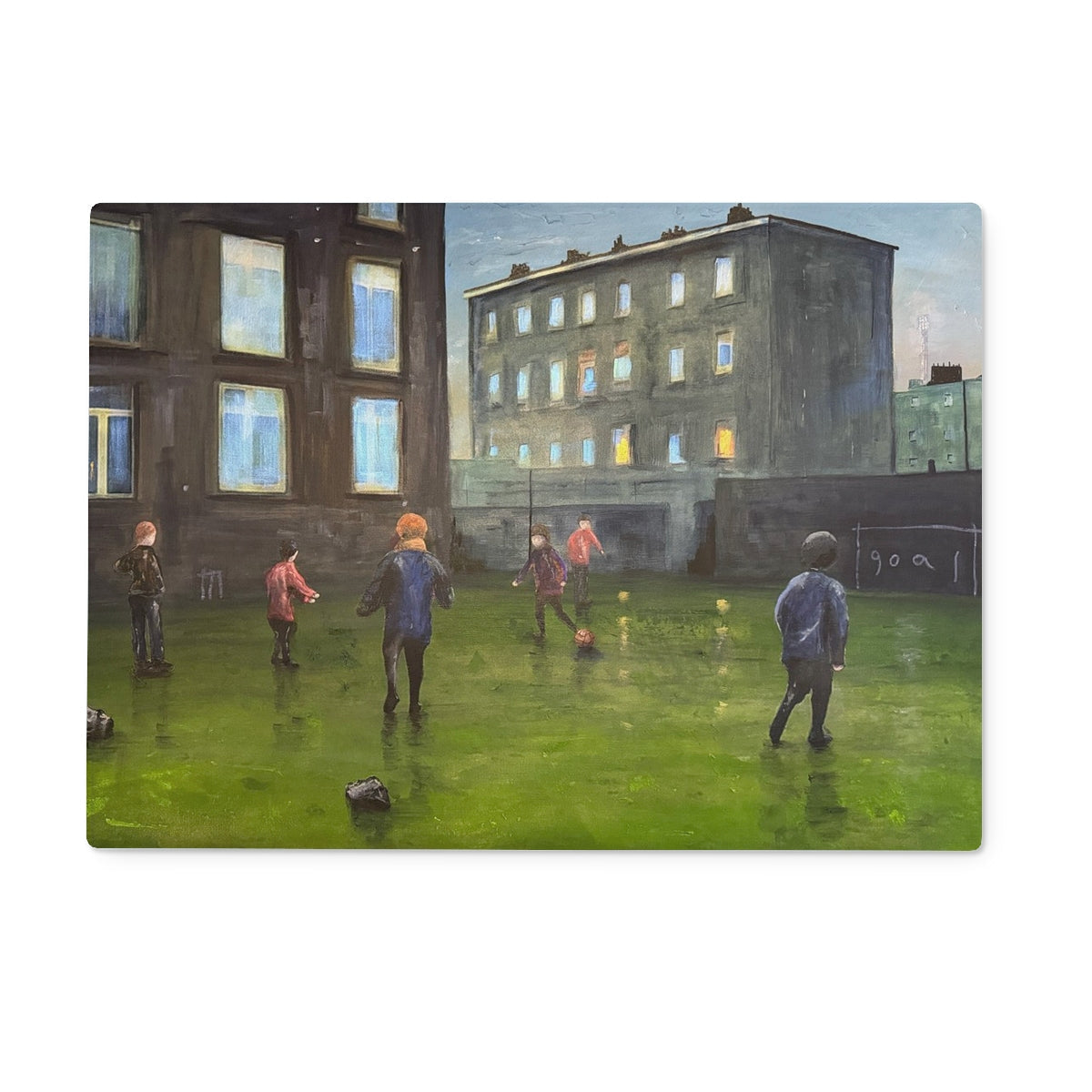 Green soccer ball with white stars on grassy field by Time Glass Chopping Board