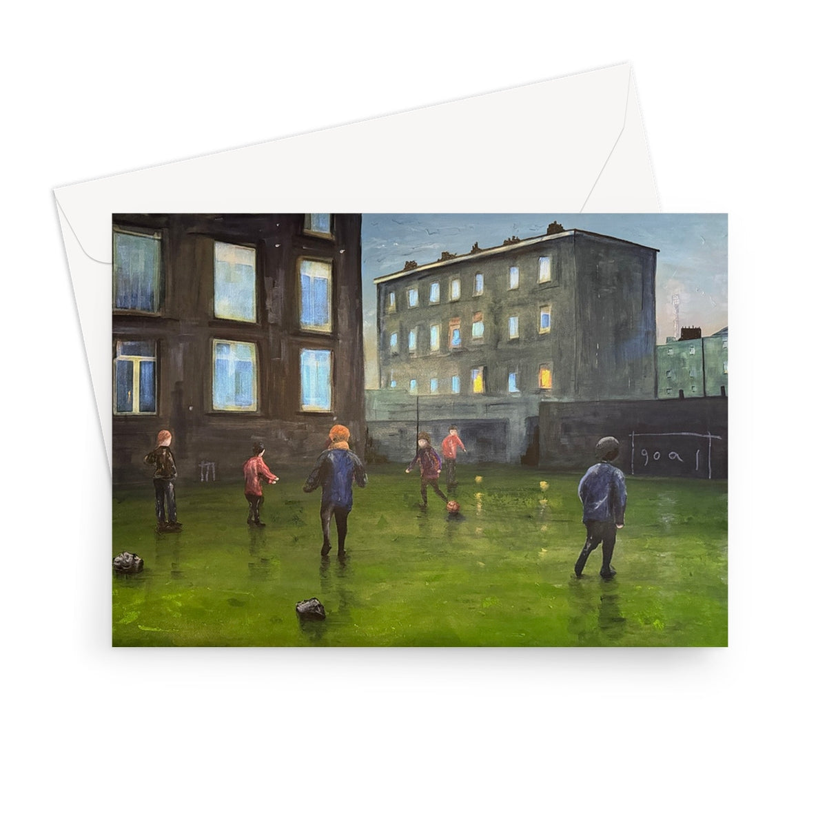 Green grass soccer field greeting card with city buildings background
