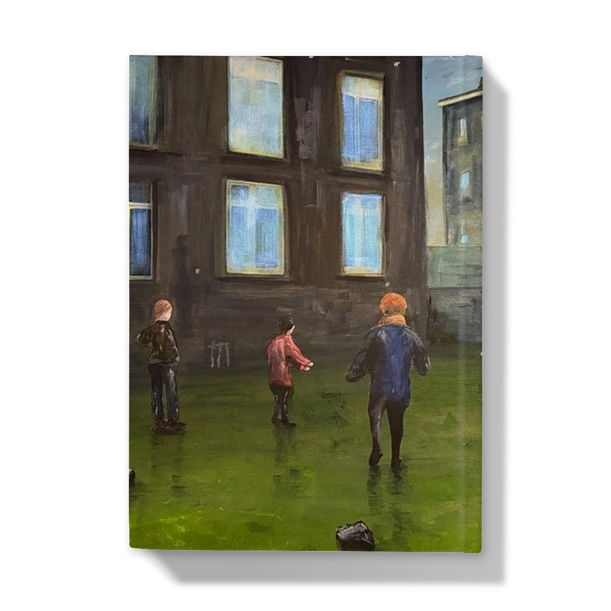 Green moss-covered stone wall art with children playing, Time Hardback Journal