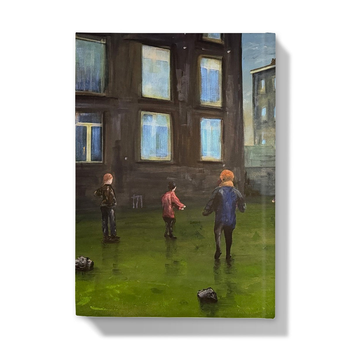 Green canvas print of kids playing in flooded street for Time Hardback Journal