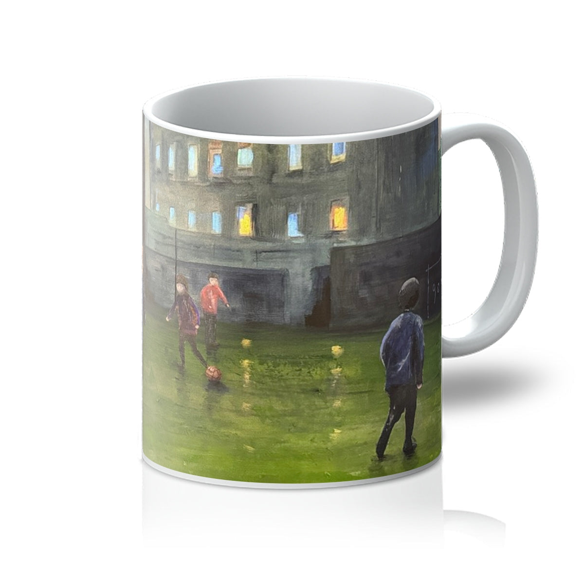 Time Mug: Ceramic mug with gray-green soccer players and ball design
