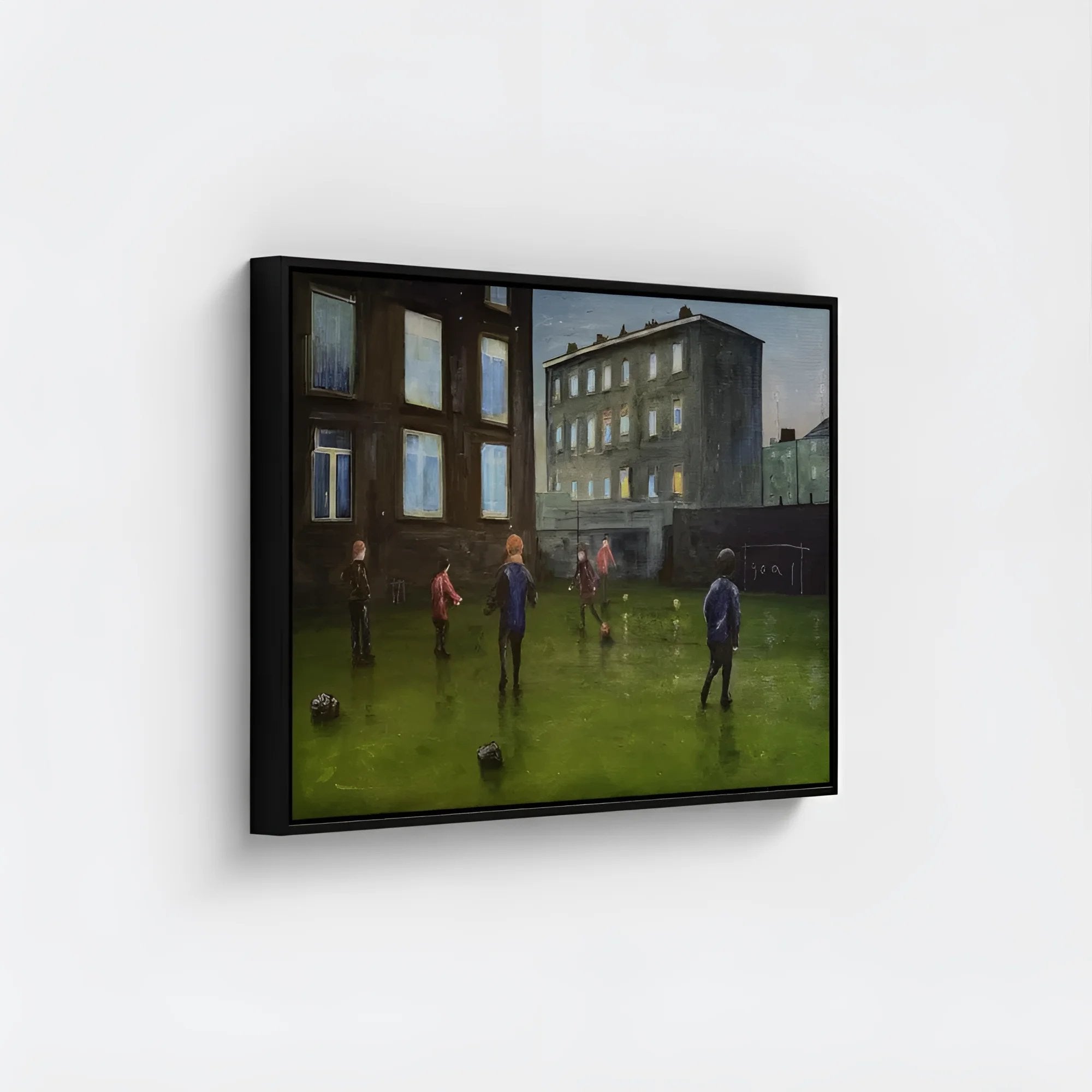 Framed painting of children playing soccer in a courtyard at dusk for Time SFA Hampden Stadium artwork
