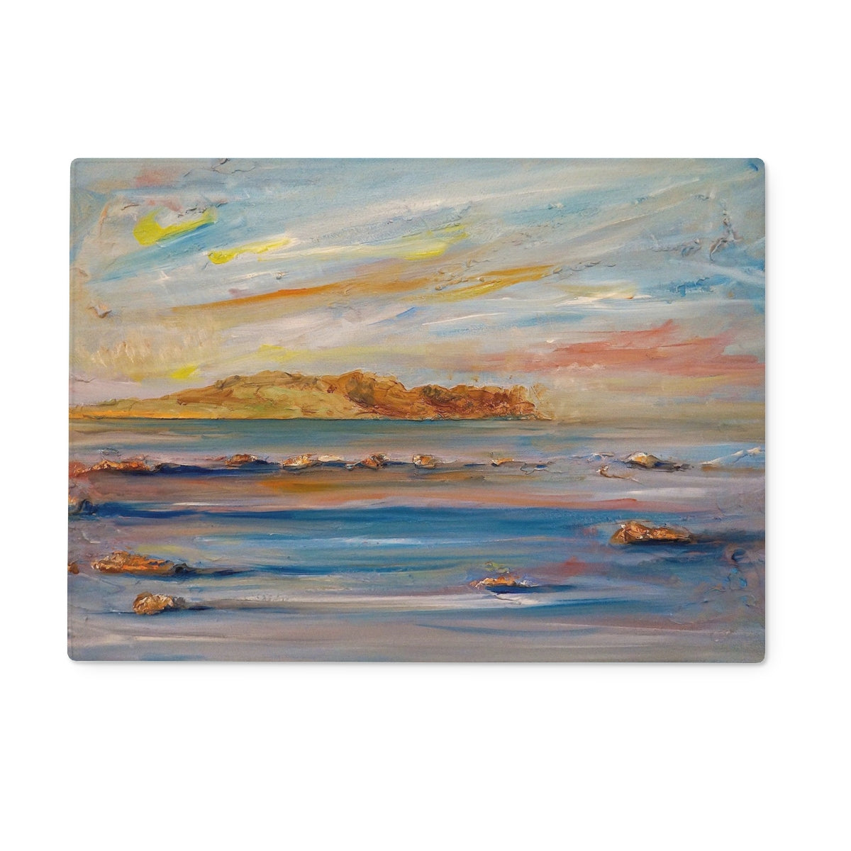 Tiree Dawn Art Gifts Glass Chopping Board-Glass Chopping Boards-Hebridean Islands Art Gallery-15"x11" Rectangular-Paintings, Prints, Homeware, Art Gifts From Scotland By Scottish Artist Kevin Hunter