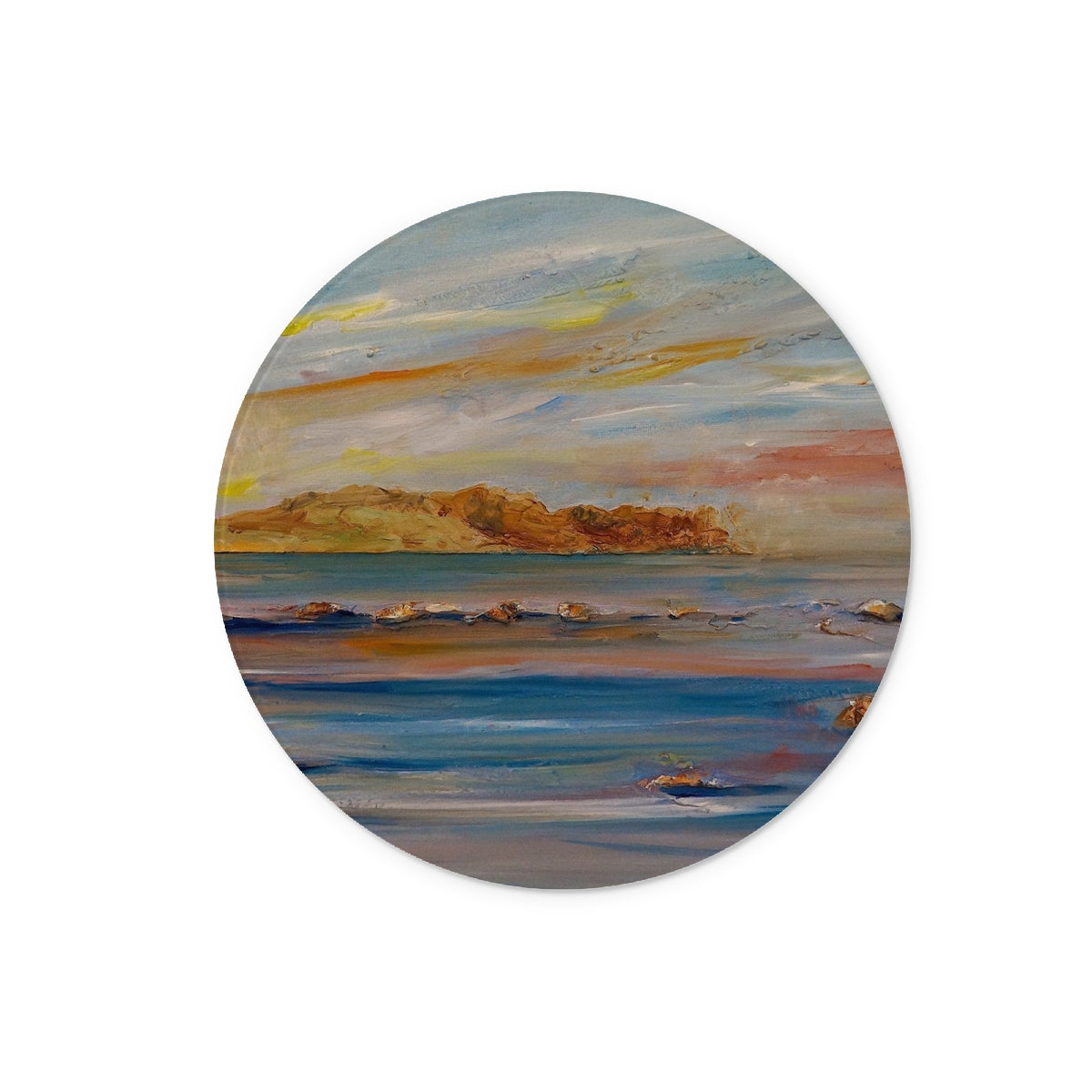 Tiree Dawn Art Gifts Glass Chopping Board-Glass Chopping Boards-Hebridean Islands Art Gallery-12" Round-Paintings, Prints, Homeware, Art Gifts From Scotland By Scottish Artist Kevin Hunter