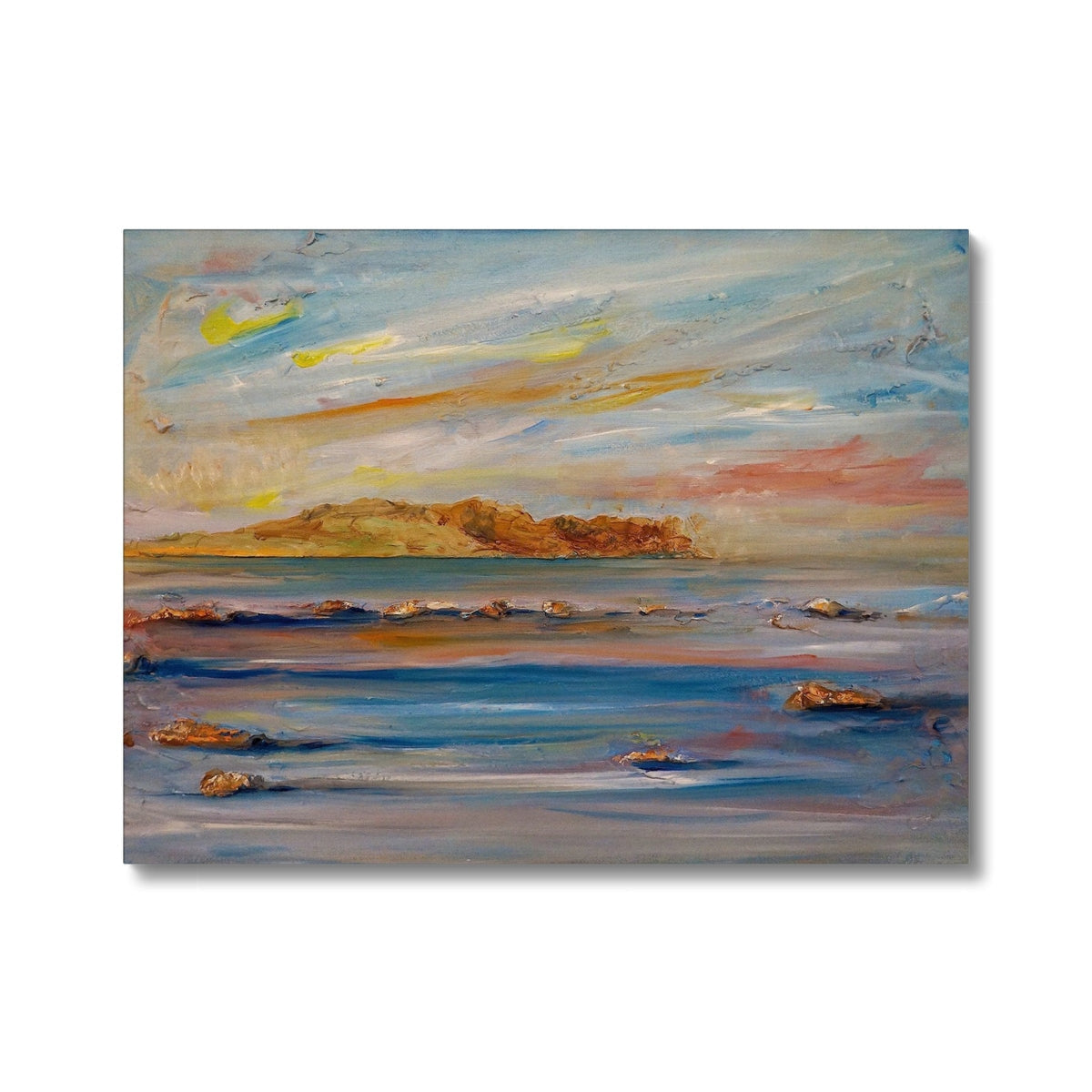 Abstract Tiree Dawn beach painting with colorful waves and island