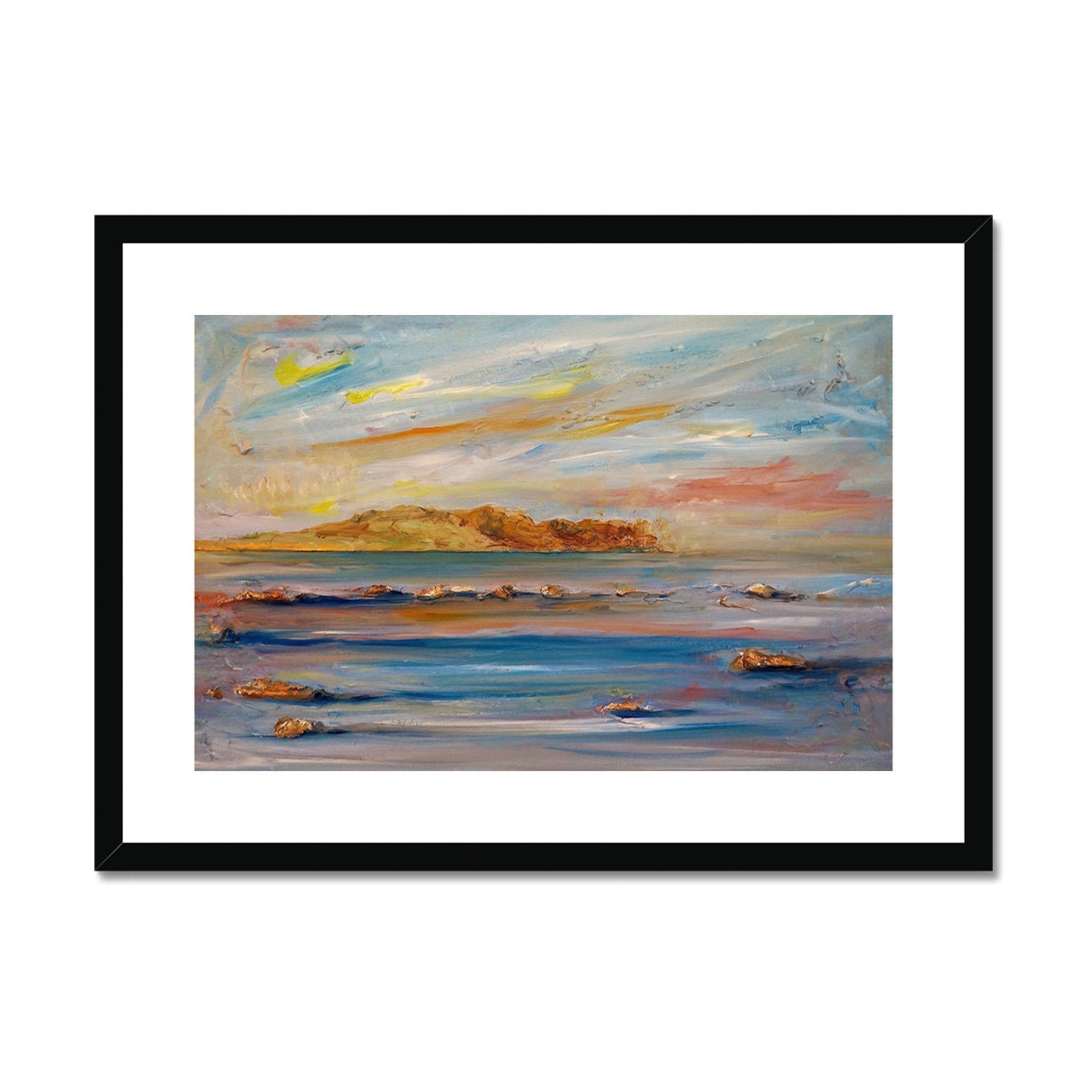 Tiree Dawn abstract seascape print with black frame, rocky island, pastel colors