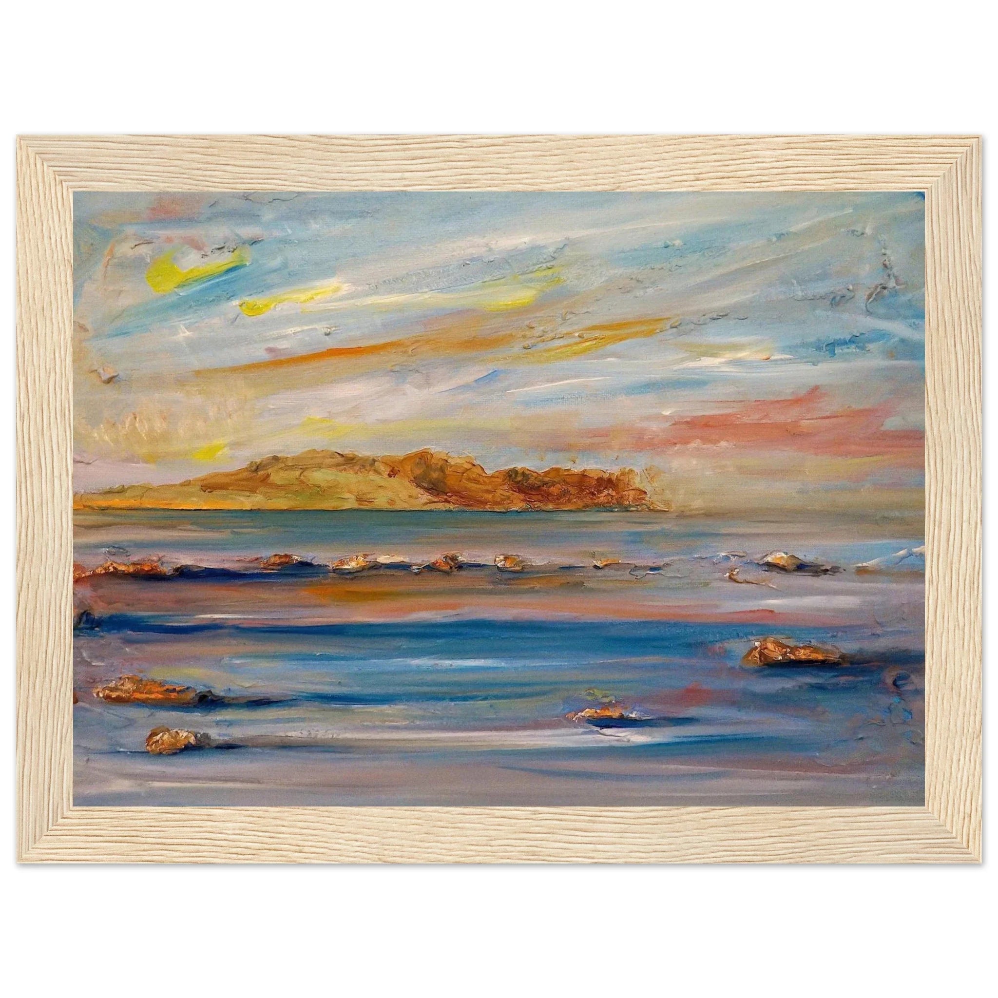 Framed impressionistic Tiree Dawn seascape painting with textured blue-yellow sky and calm ocean waves