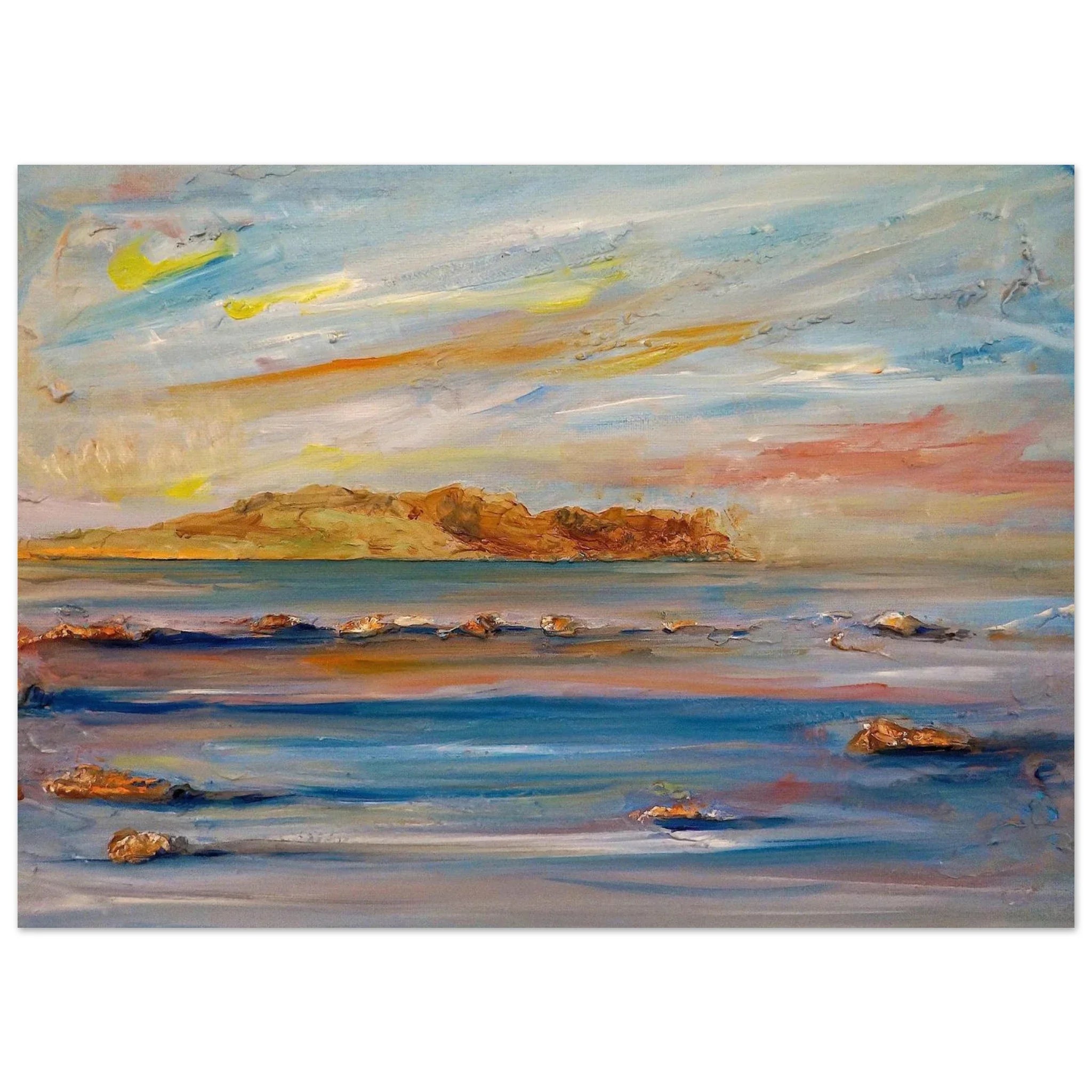 Textured oil painting of Tiree Dawn serene coastal scene in Scotland