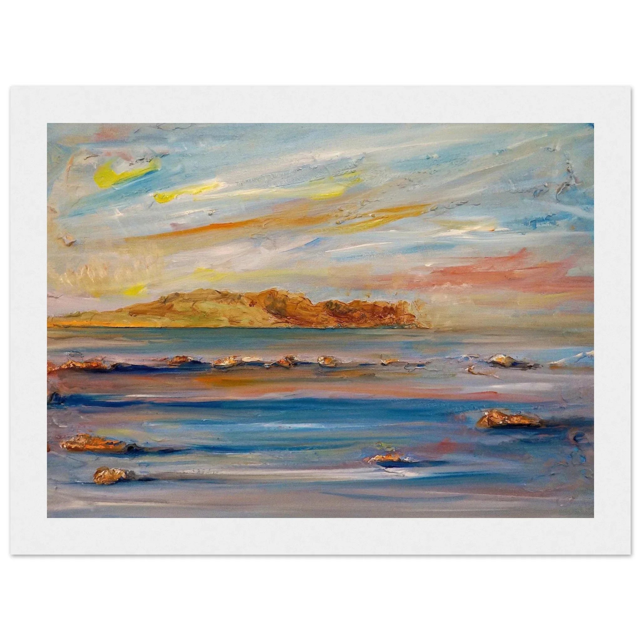 Framed Tiree Dawn abstract coastal painting with textured blues, oranges, pinks waves and shore