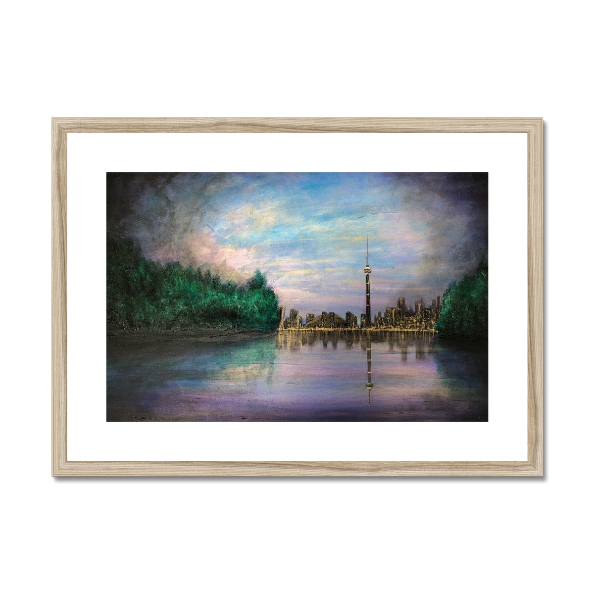 Toronto Last Light wooden framed canvas print with tower, green trees, purple sky