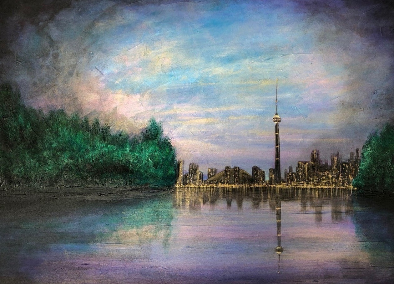 Toronto Last Light Original Painting featuring city skyline reflected in water