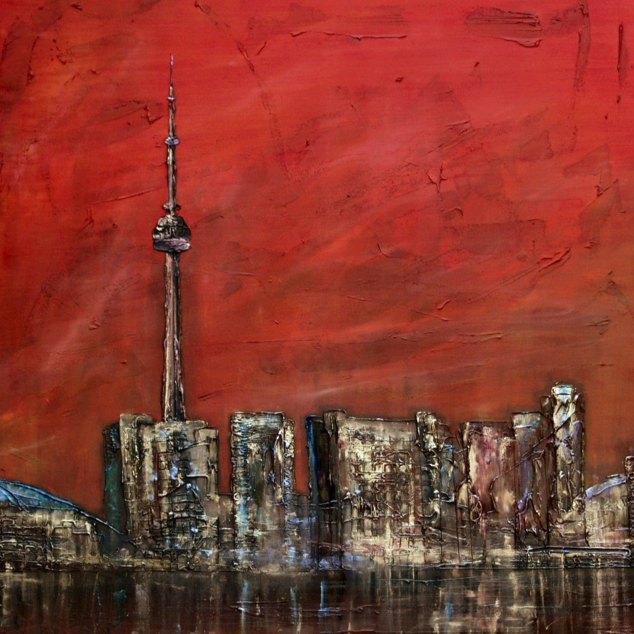 Textured cityscape painting of Toronto Sunset Original Painting showcasing vibrant colors and brushstrokes