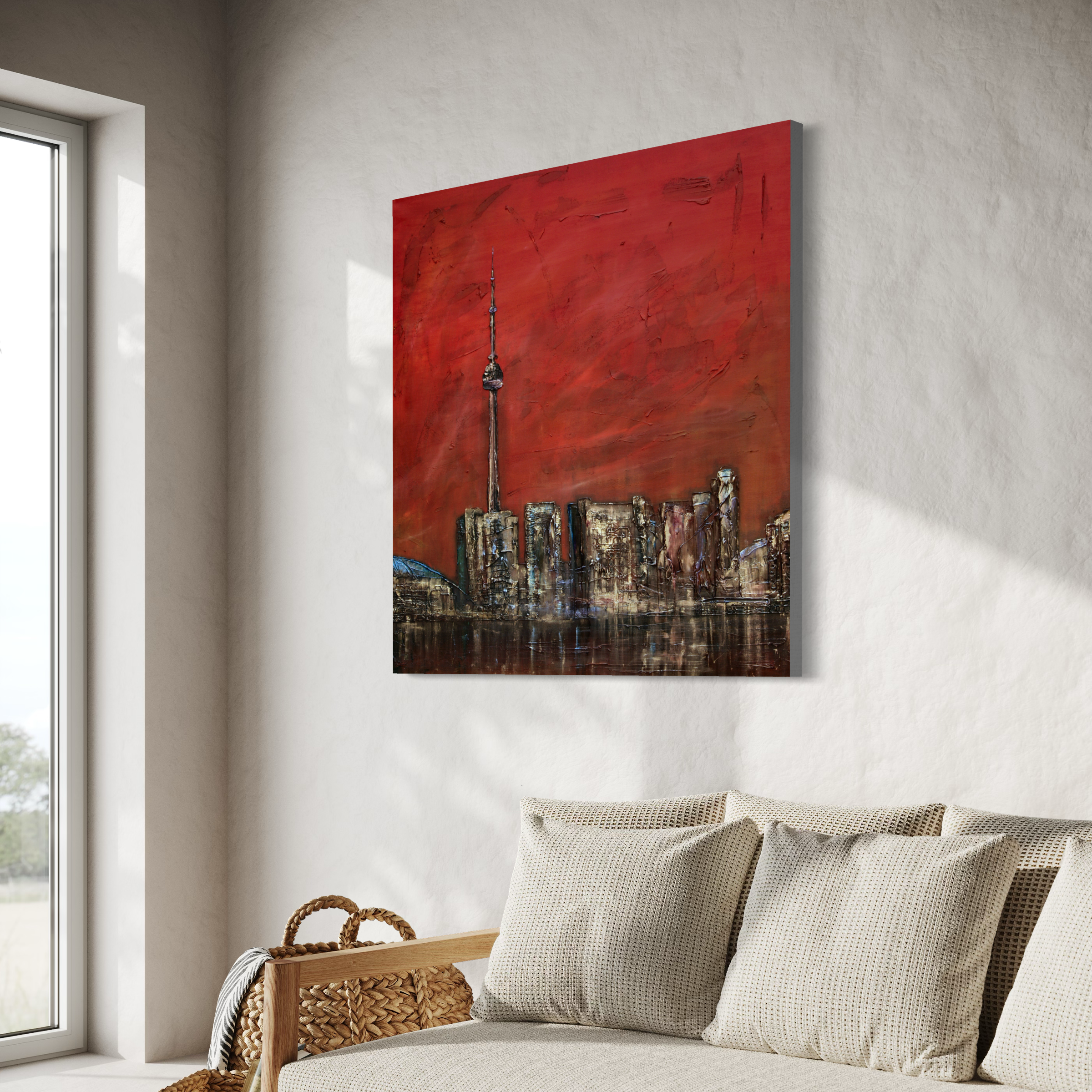 Textured Toronto cityscape painting with prominent tower under red sky for Toronto Sunset Wall Art