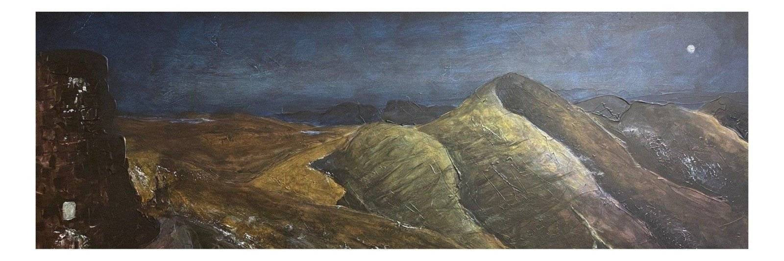Panoramic oil painting of Moonlit Torridon Hills mountainous landscape for Torridon Hills Moonlight Panoramic Prints