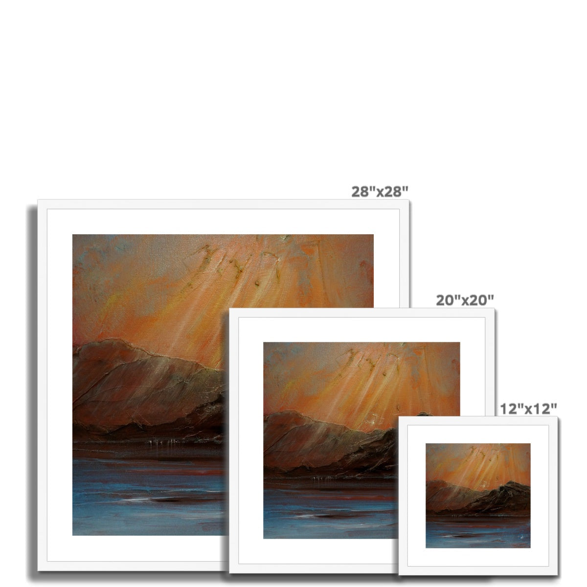 28x28 Framed Torridon iii Landscape Painting in Orange Blue Hues White Frame