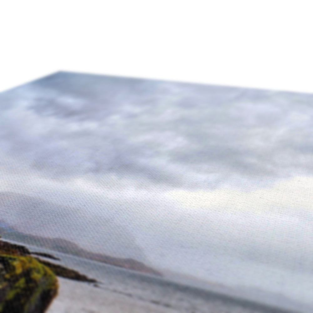 White and gray cloud beach towel with yellow floral accents on Torridon canvas