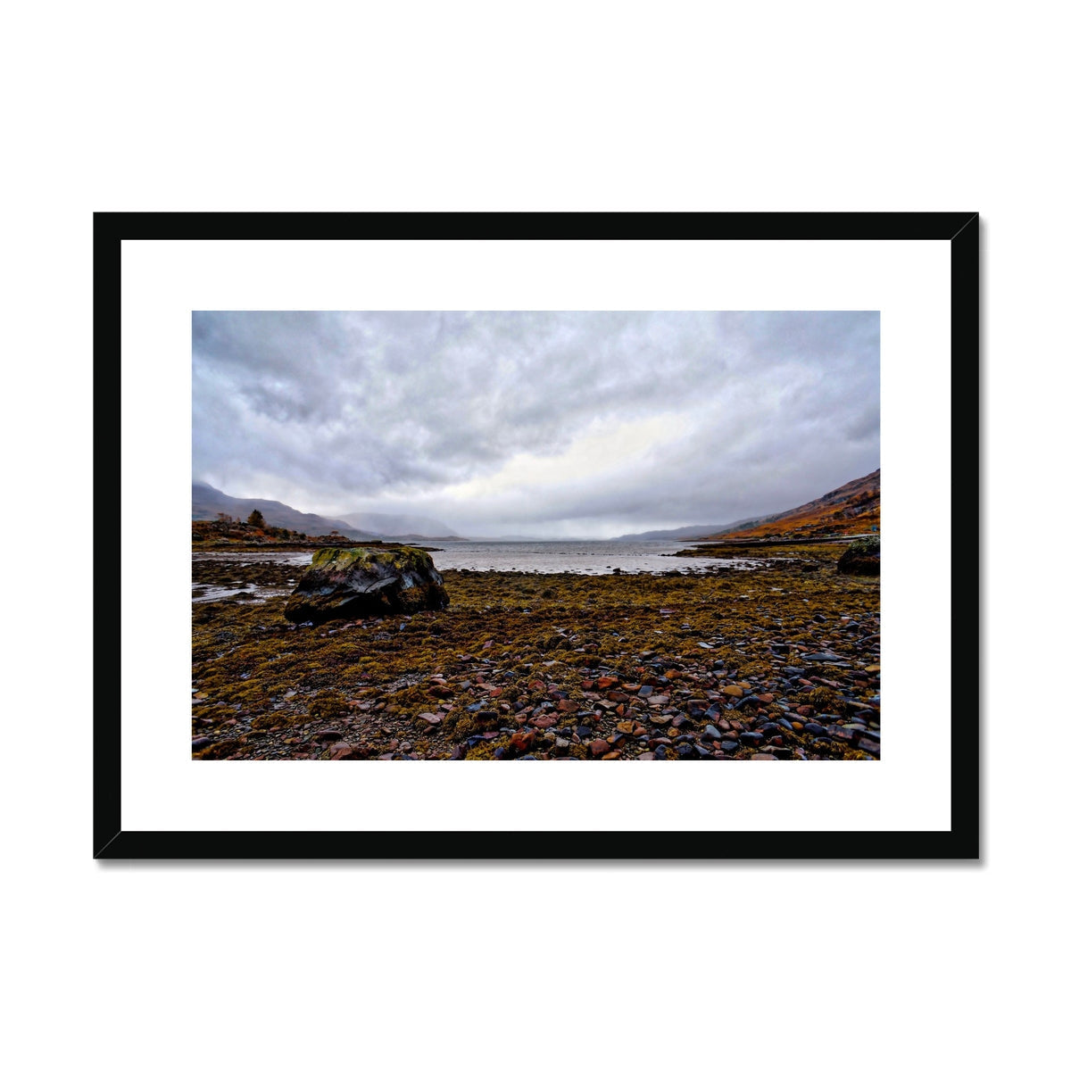 Torridon rocky shoreline landscape print in black frame