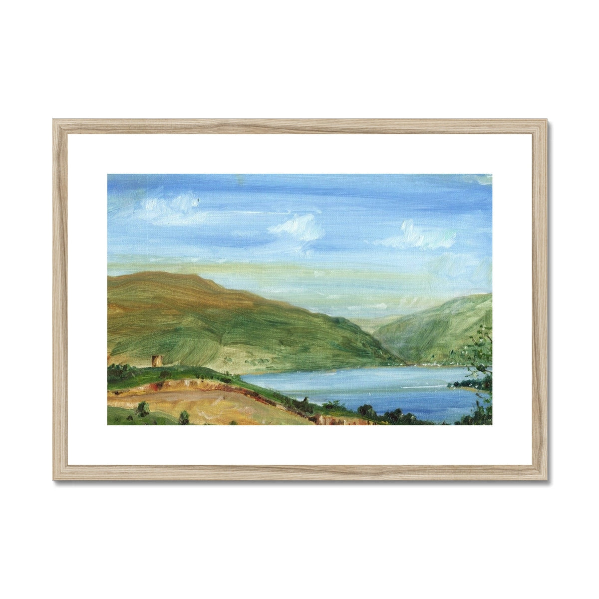 Tower Hill framed print of rolling green hills, blue lake, and cloudy sky