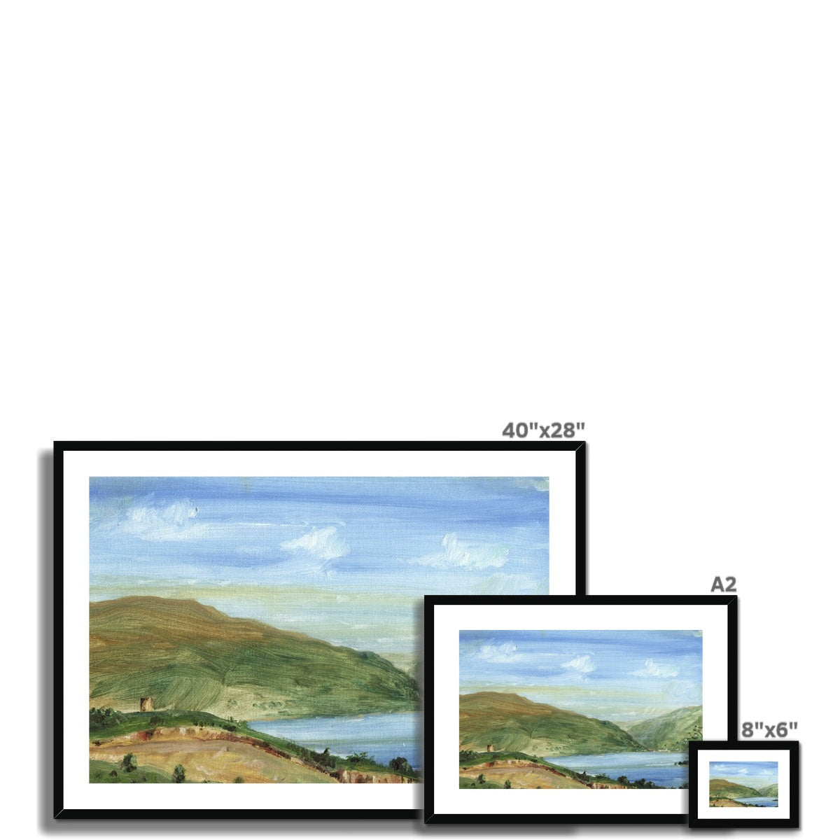 Tower Hill framed print of rolling green hills, serene blue lake, and cloudy sky