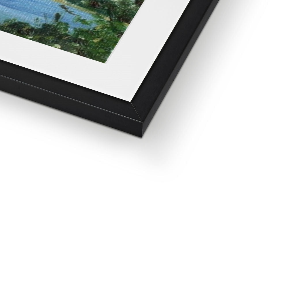 Tower Hill framed print with black frame, white mat, and vibrant green blue landscape