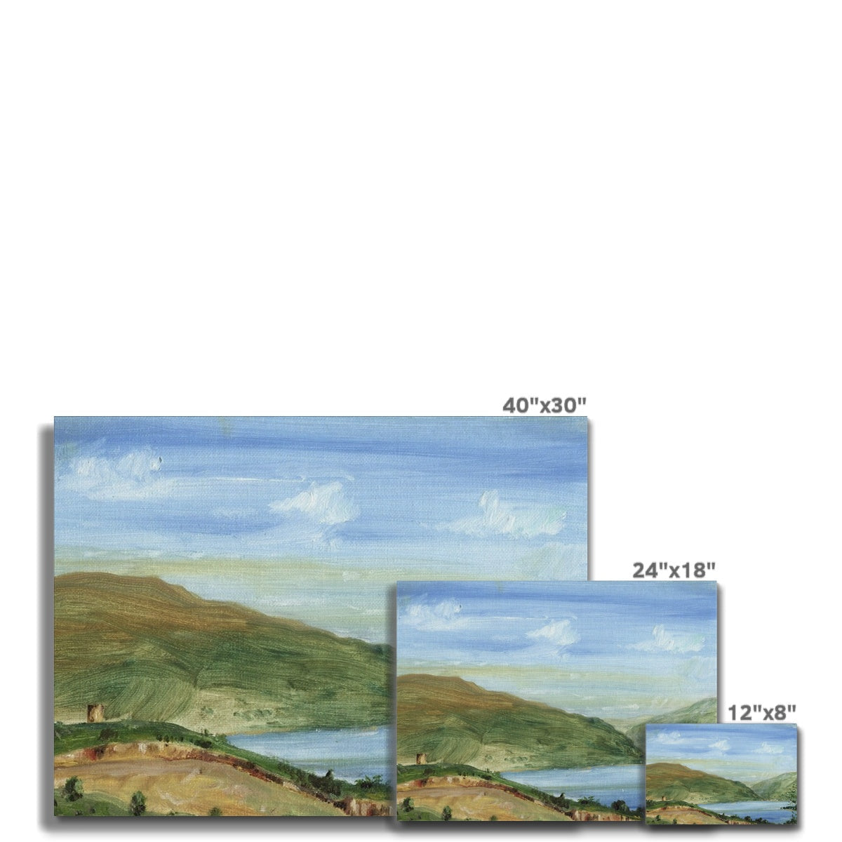 Tower Hill Canvas: serene green hills, blue sky, calm water painting