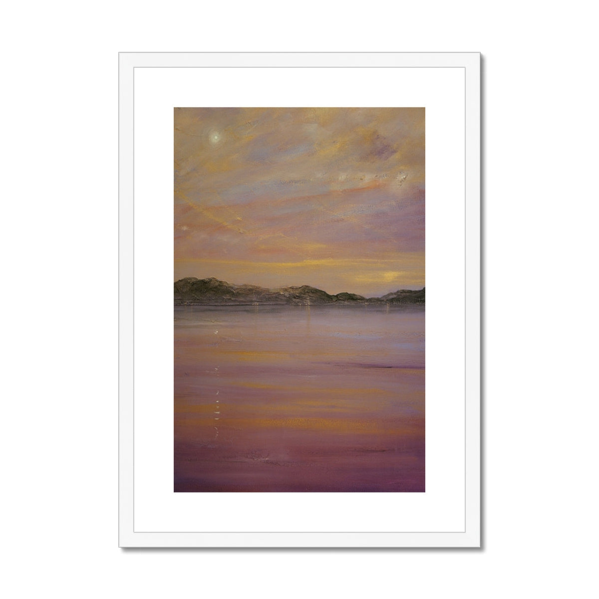 Lavender and yellow sunset landscape print in white frame by A Tranquil Clyde