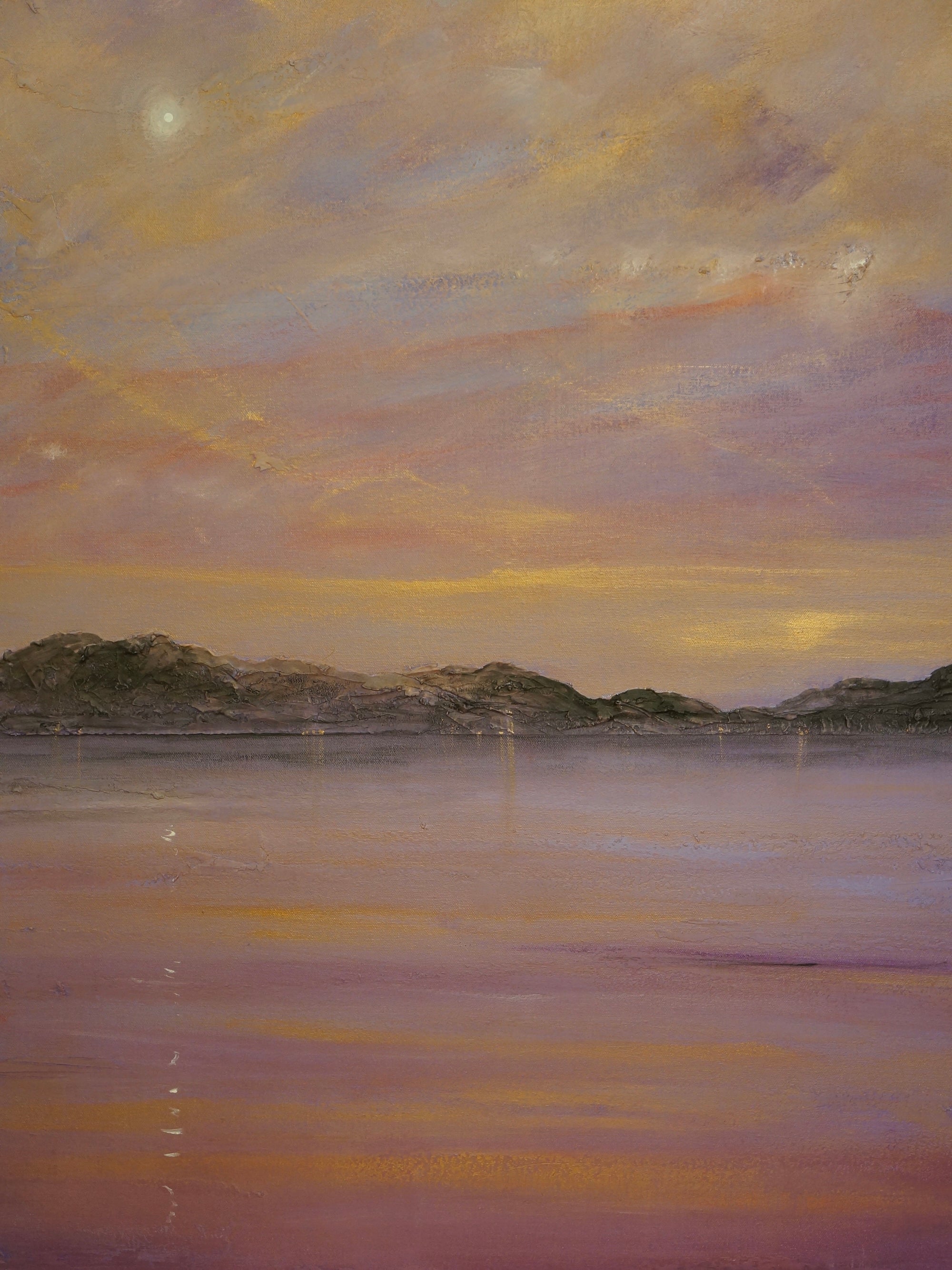 Serene oil painting of misty Lake at sunset with Mountains in background for Tranquil Clyde Moonlight Original Painting