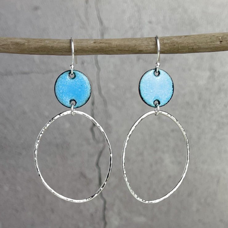 Blue enamel disc earrings with hammered silver hoops