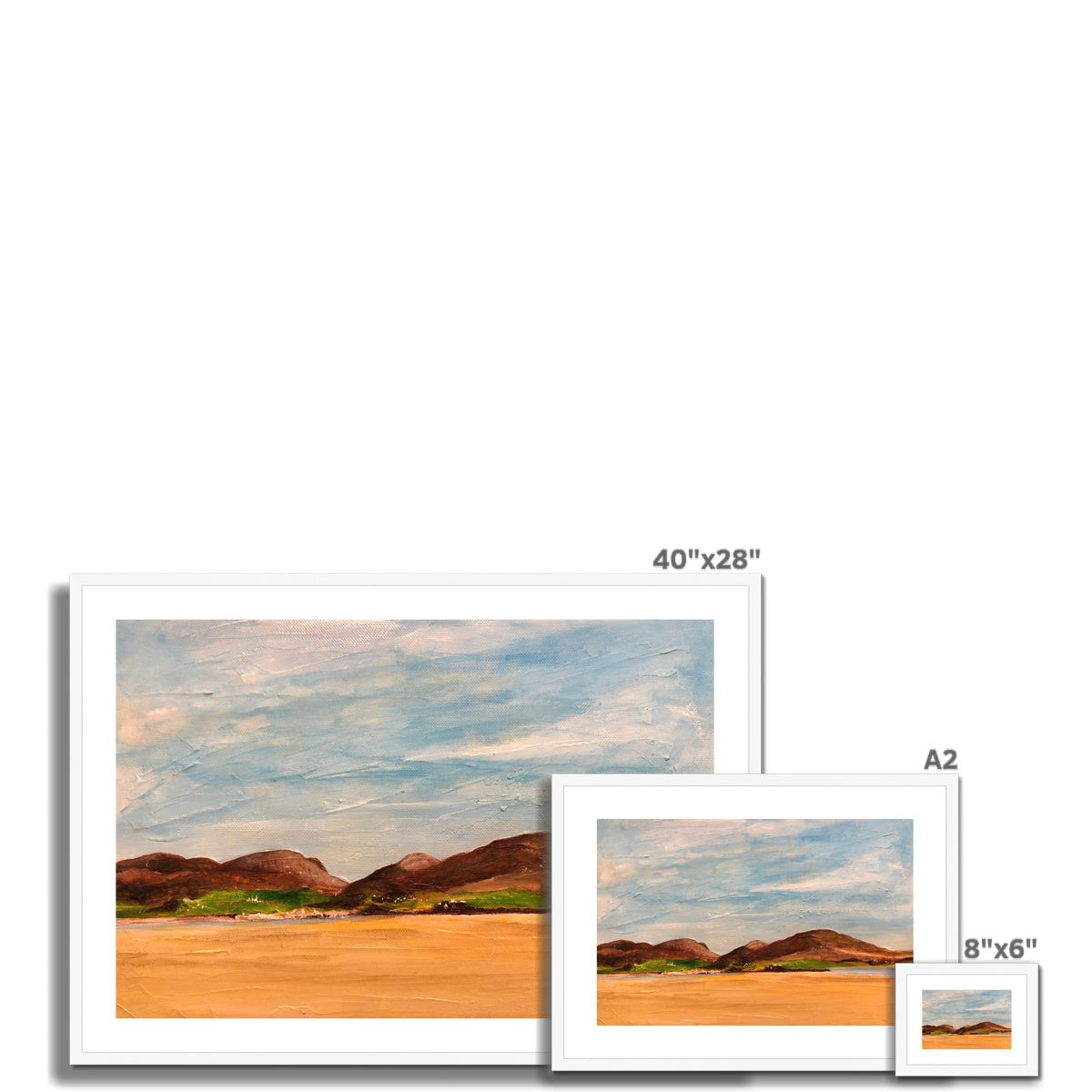 Framed Uig Sands Lewis art print of brown hills and blue sky, 3 sizes